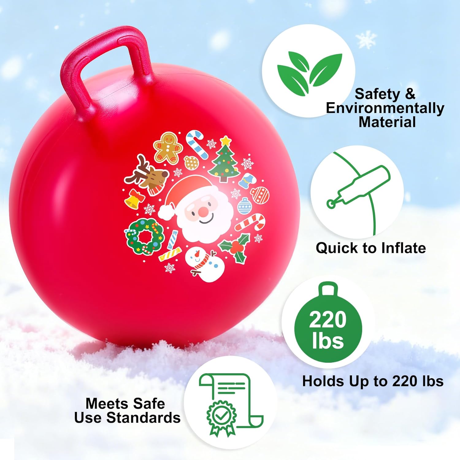 ZOOJOY Hopper Ball 2-Pack Set for Girls&Boys 3-8 with Free Hair Clips, Festive Red & Green 18in Bouncy Ball with Handle for Kids, Christmas Toys Indoor and Outdoor Play Includes Pumps