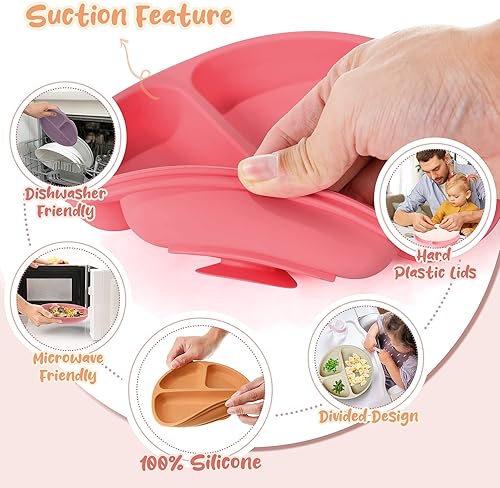 Miniatura 4 de Meanplan Paquete de 6 placas de succión para niños pequeños con tapas, juego de platos de silicona de grado alimenticio, diseño dividido de silicona