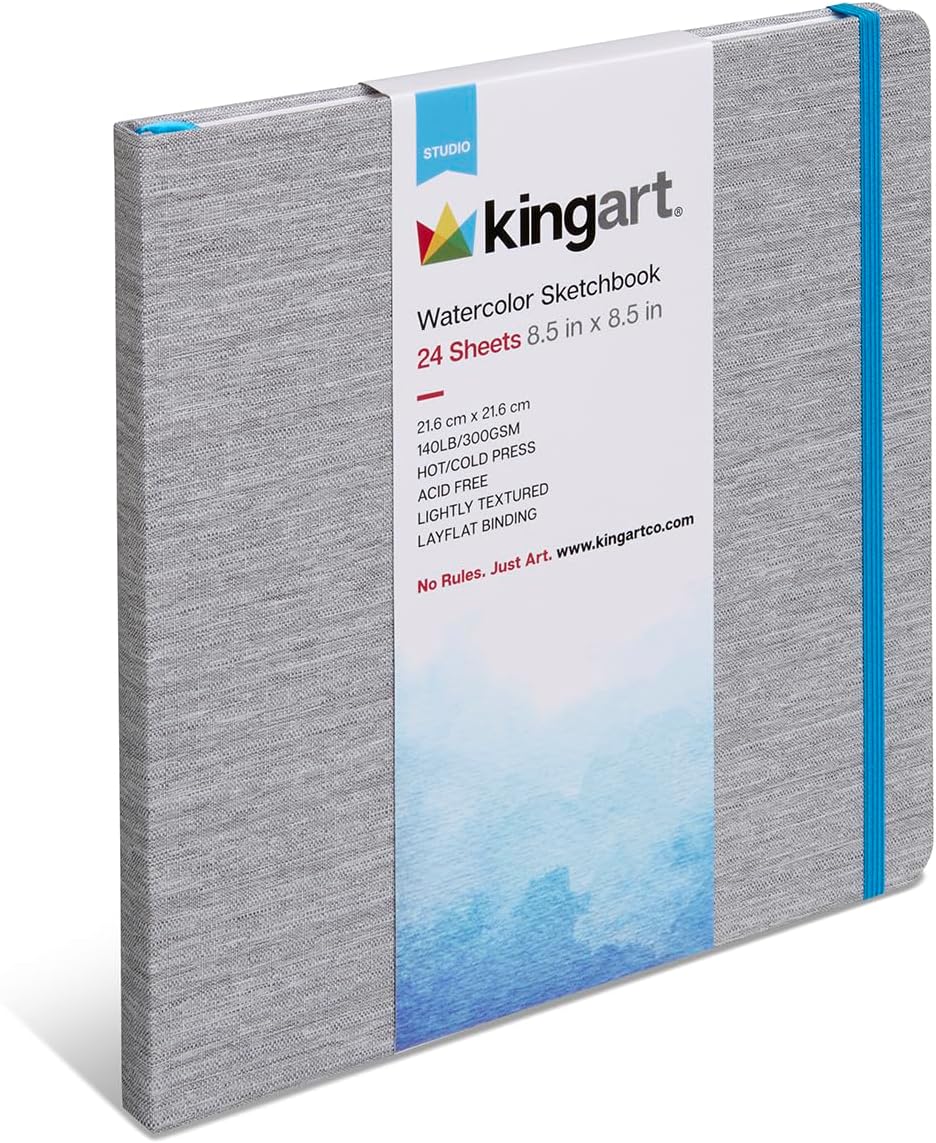 KINGART Watercolor Paper Sketchbook – Square, 8.5 x 8.5 Inch, 1-Pack – 24 Pages Heavyweight Cold-Pressed Acid-Free Paper Bound Journal for Art Journaling & Painting