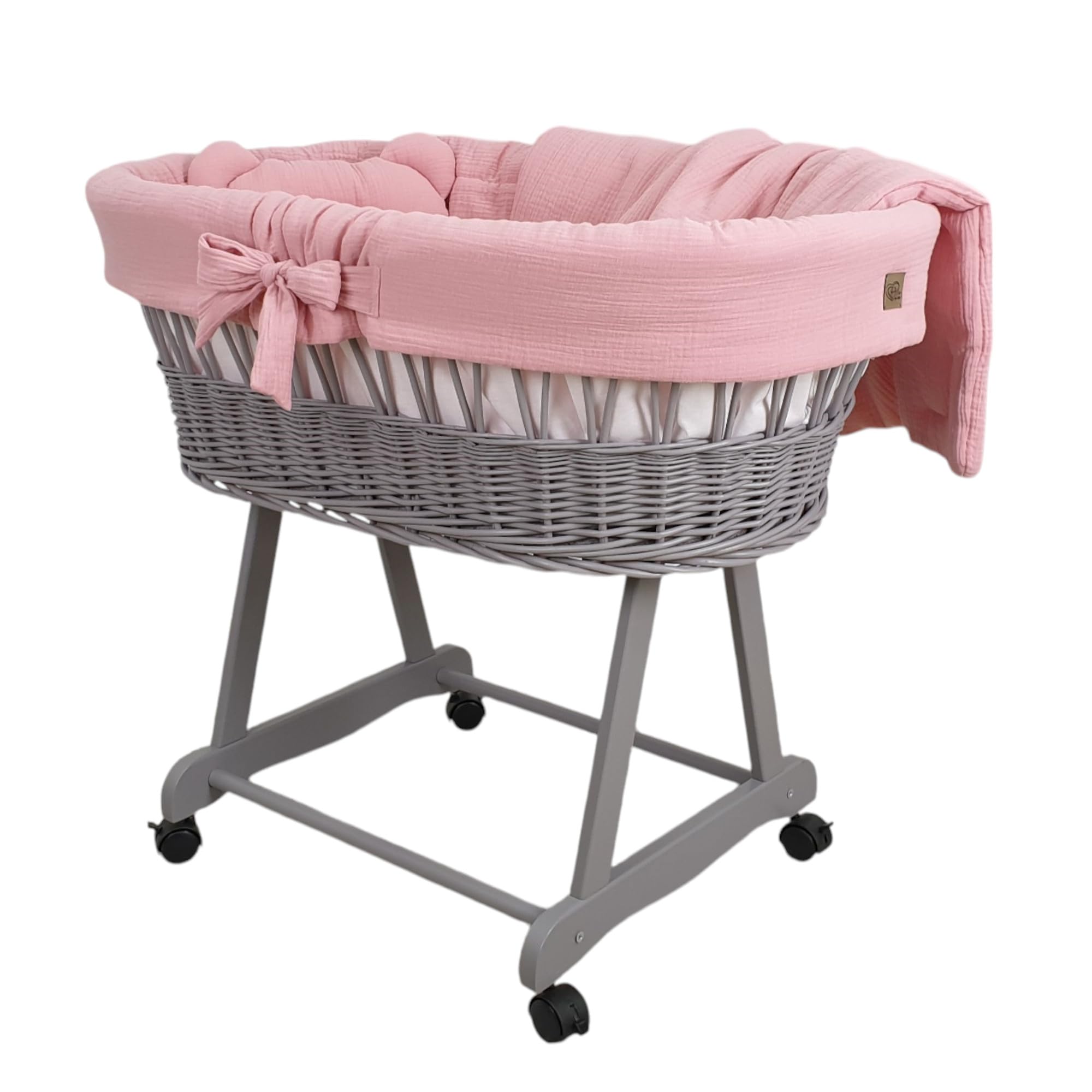 Wiklinopol Stubenwagen aus Weide mit Gestell & Matratze Amelia – Moseskorb in Grau – Set Musselin-Bettwäsche in Rosa – Weidenkorb, Tragbar, Ideal für Neugeborene