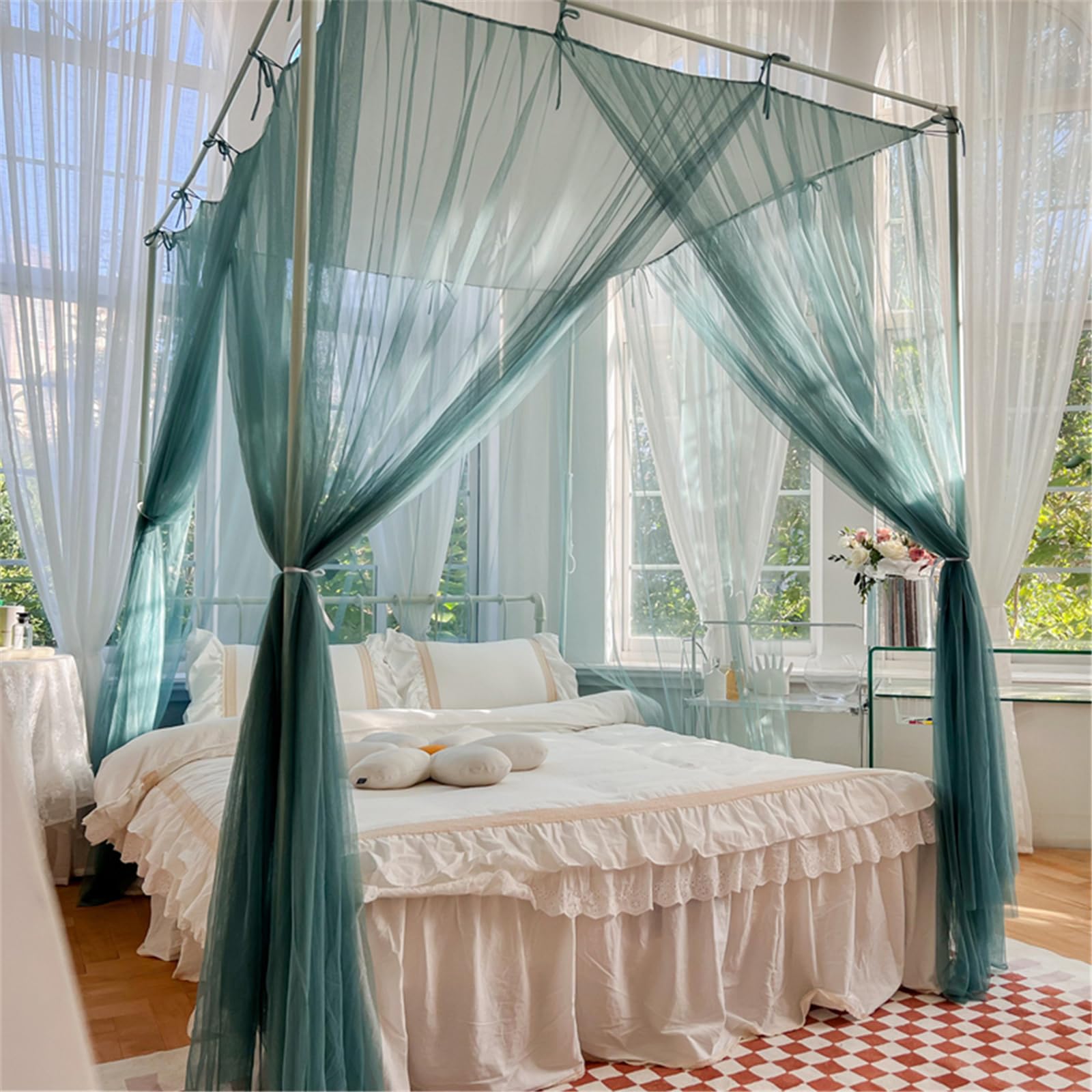 THREENTDAYBed Canopy, 4 Corners Post Mosquito Net 3 Opening Bed Drapes Netting Tying Rope Style Dust Proof Bedroom Decoration(Green, Queen Size)