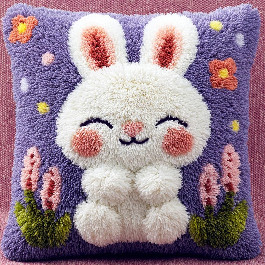 WallustrioaW DIY Latch Hook Kits Pillow Cover,Rabbits and Flowers