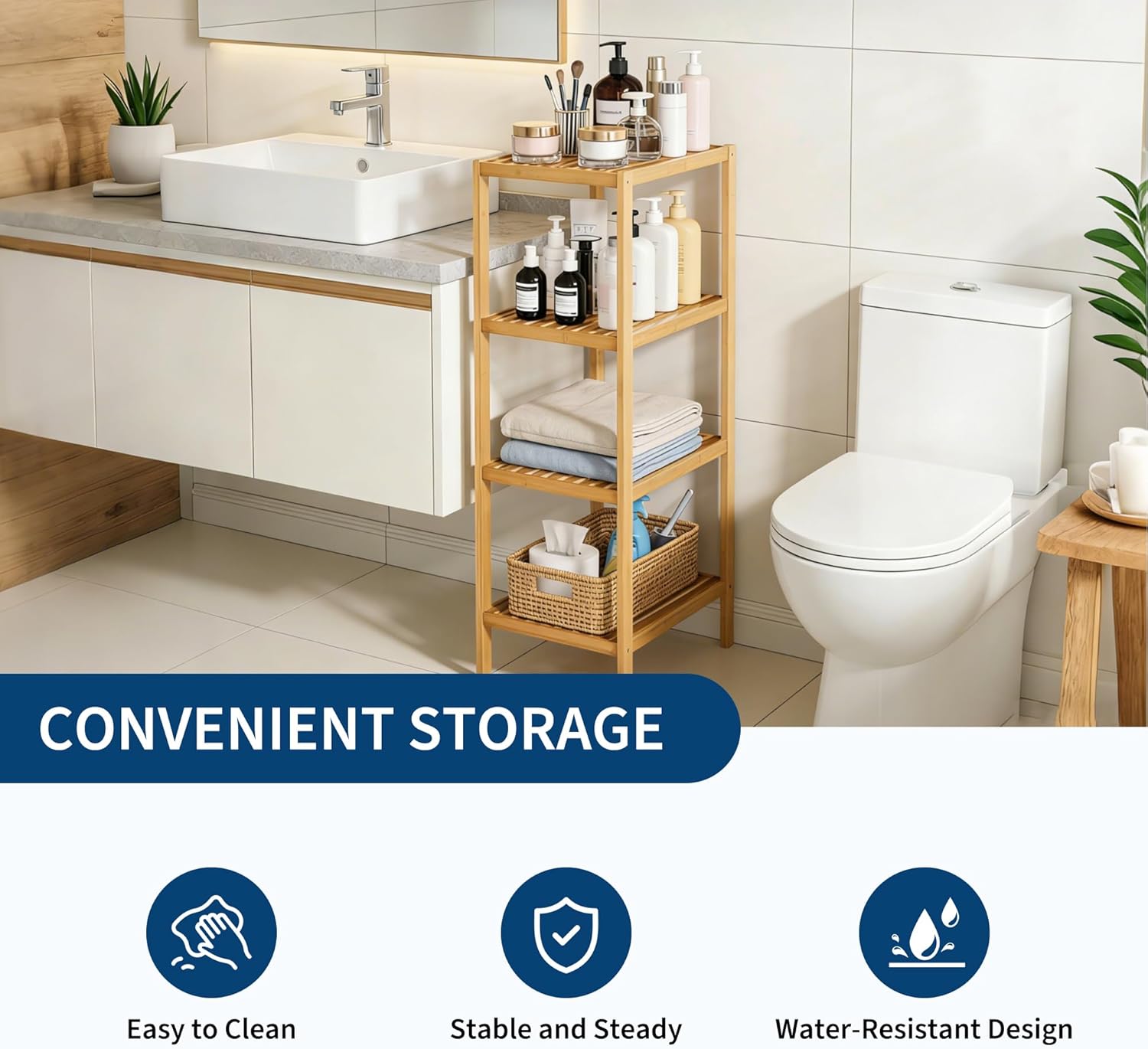 Garvee 4-Tier Bamboo Shelf Narrow Bathroom Shelf with Slatted Shelves Natural Wood Plant Stand Standing Towel Rack Corner Rack for Bathroom Entryway Bedroom Kitchen Sunroom