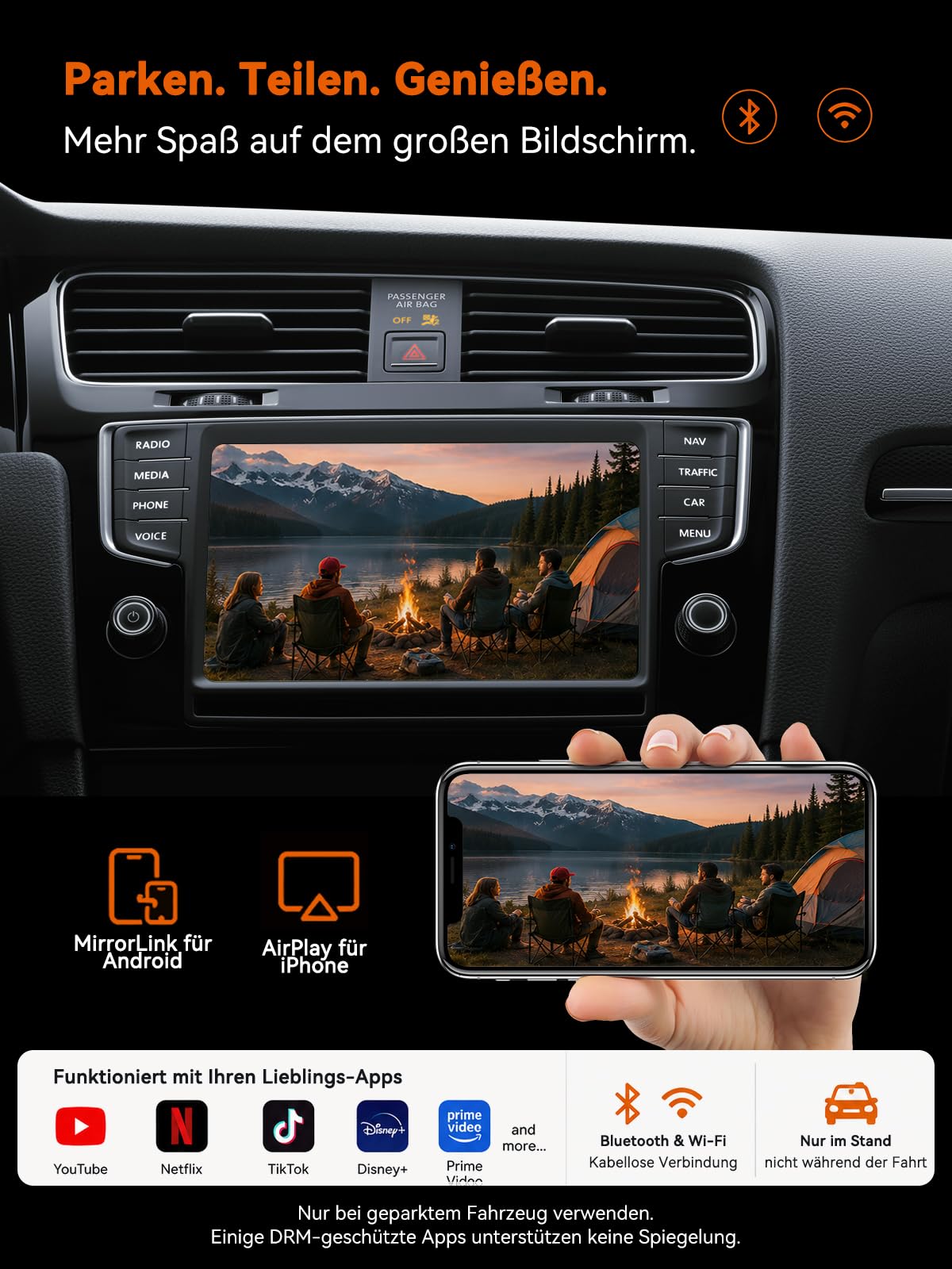 4-in-1 Wireless CarPlay Adapter für Apple CarPlay & Android Auto, AirPlay & MirrorLink Bildschirmspiegelung, Wired zu Wireless Car Play Adapter, 5.8GHz WiFi Bluetooth 5.4, Plug & Play, USB-A/C，Orange
