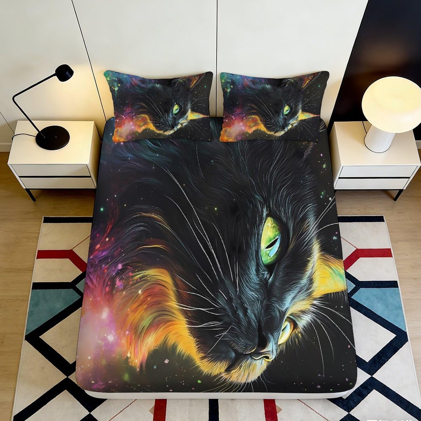 Pnayamiorkfel Style-6 3D Printed Cosmic Cat Art Fitted Sheet Microfiber Soft Black Galaxy Bed Cover For Bedroom Dorm Mattress Decor 90X200x25cm