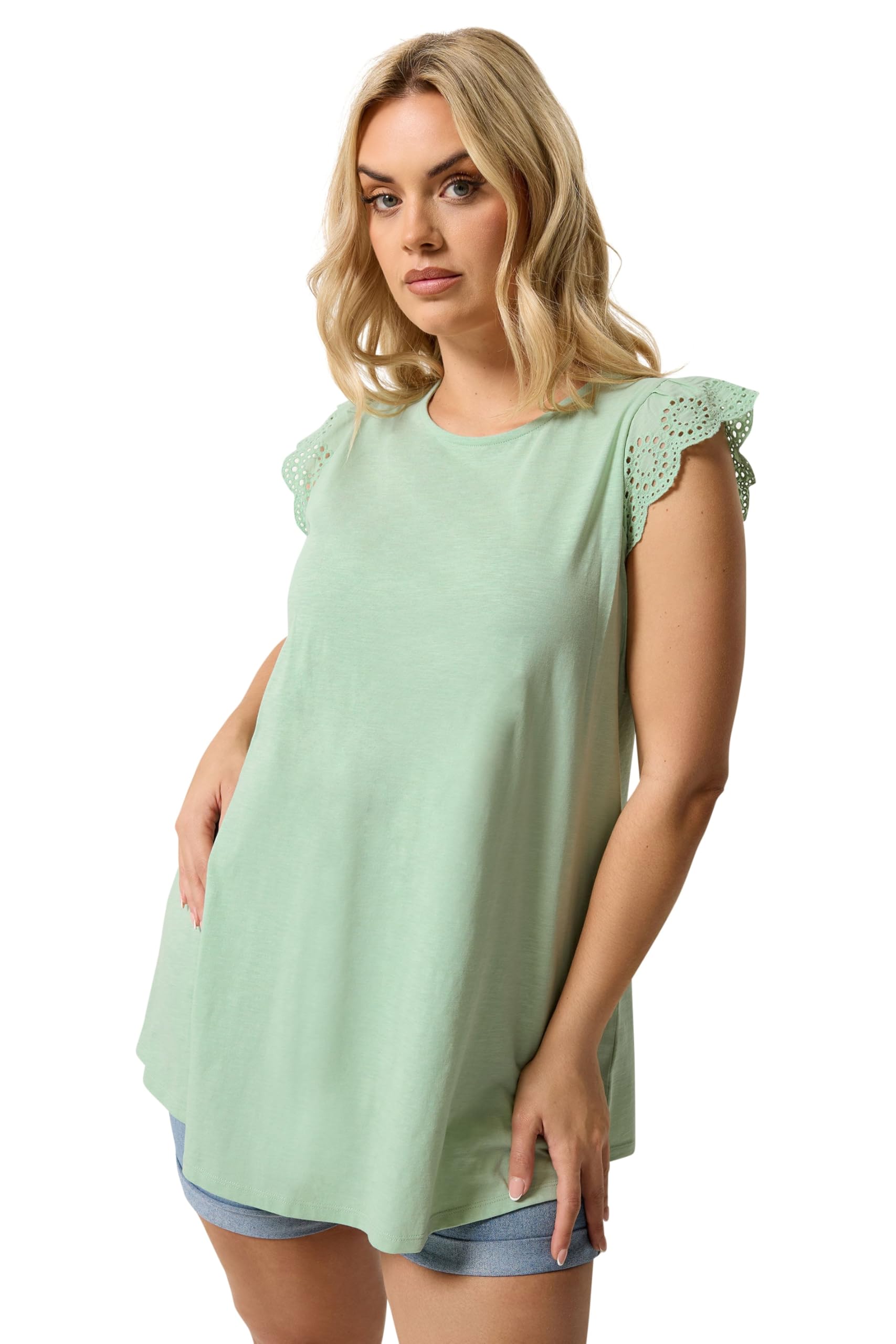 Yours Women's Light Green Curve Mint Green Broderie Anglaise Frill Vest Top - Plus Size Curve