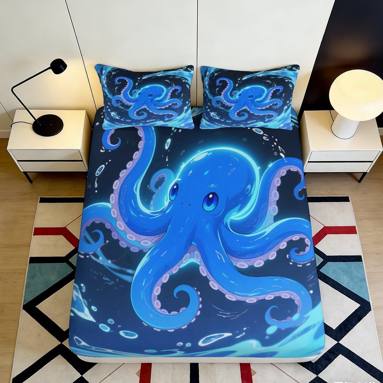 3D Printed Blue Octopus Fitted Sheet Microfiber Soft Non-Slip Ocean Animal Mattress Cover Bedroom Decor 160x200x25cm