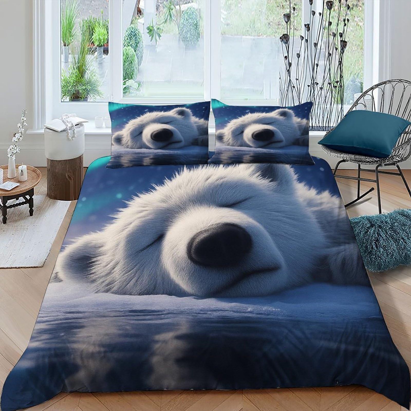 Housse de couette fermeture éclair ours blanc pour lit 2 personnes