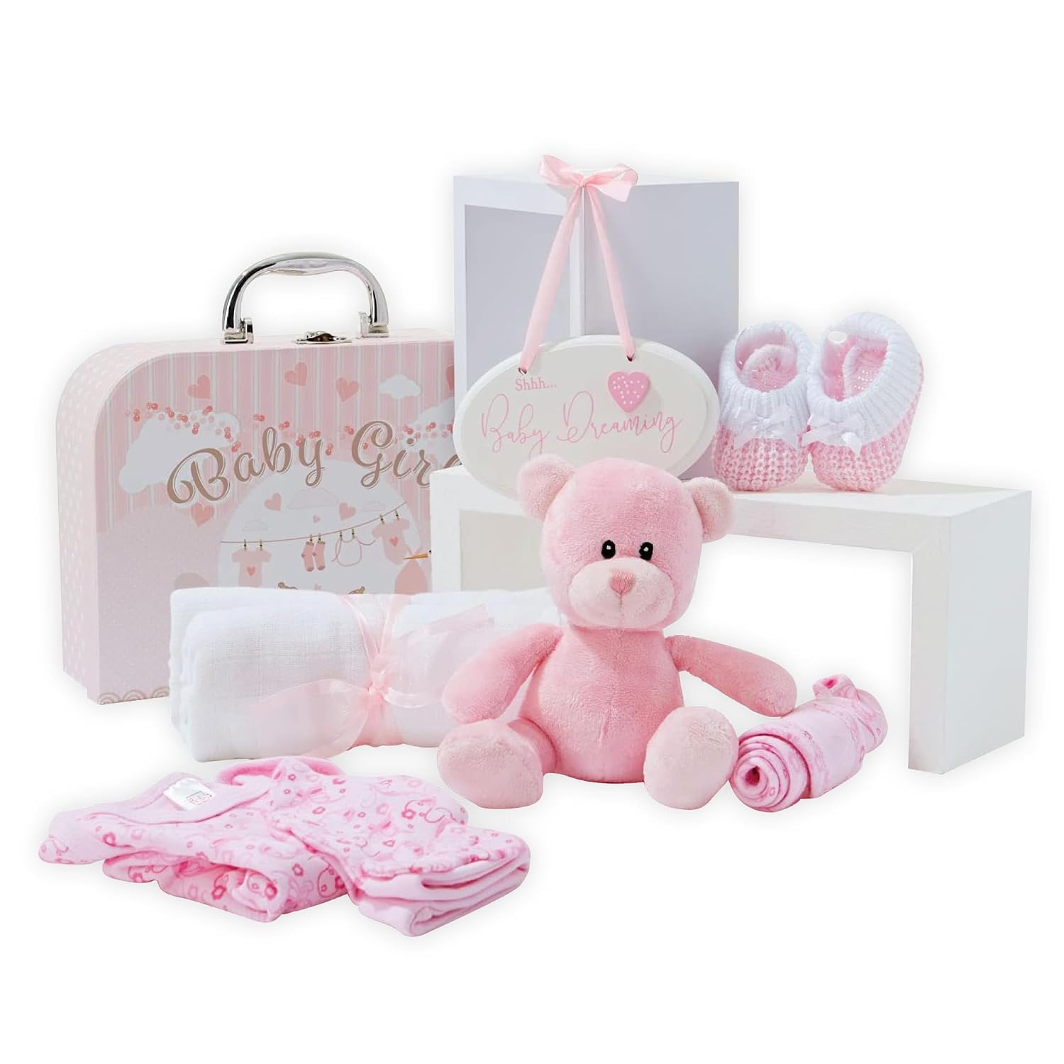 Baby Box Shop Baby Shower Gift Set - 9 Baby Essentials for Newborn Girls - Baby Gift Pink - Newborn Girl Gift Set