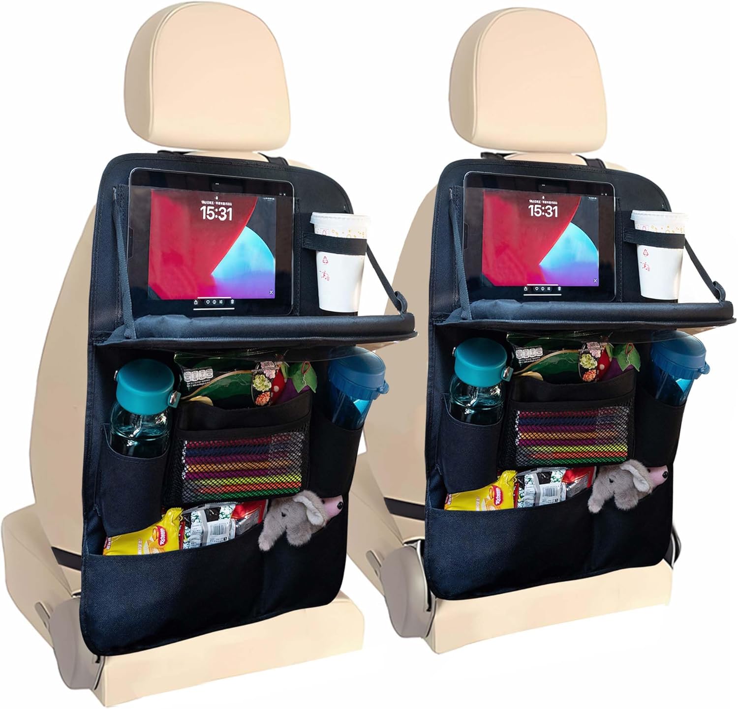Backseat Car Organizer with Tray, 9 Storage Pockets Back Seat Protector with Foldable Tablet Holder, Waterproof Back of Seat Kick Mats for Kids Adult, Road Trip Essentials Travel 2 Pack, Black