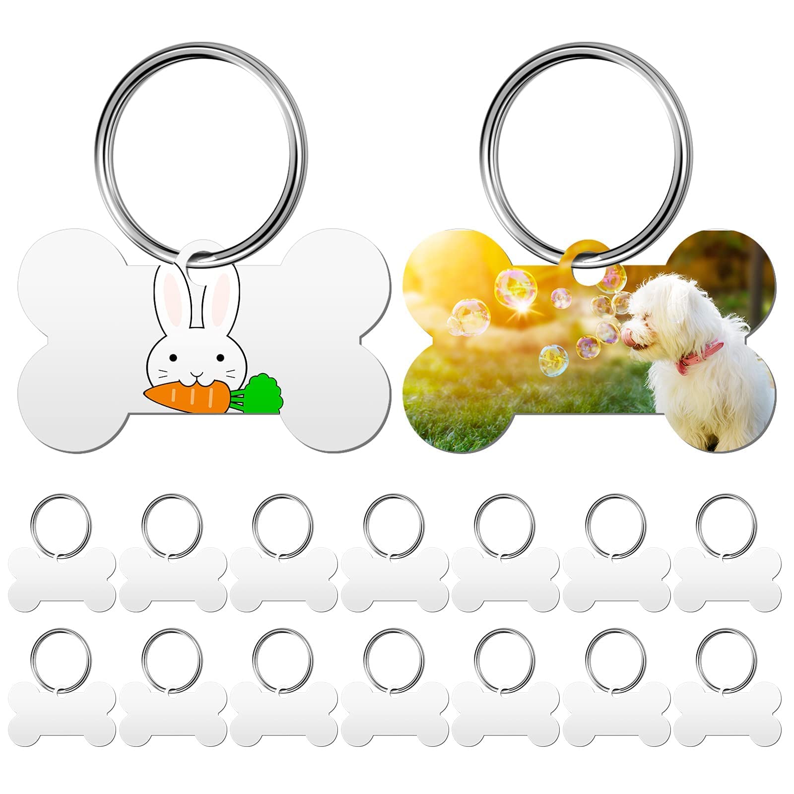 KASTWAVE 20 Pack Double-Sided Aluminum Dog Tags - Bone Shaped Pet ID Tags with Key Rings for Dogs & Cats - Perfect for Personalization and Sublimation