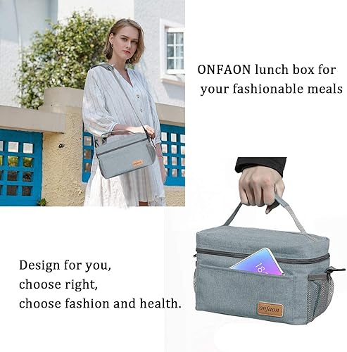 Vista 5 de Bolsa de almuerzo para hombres y mujeres, lonchera reutilizable aislada a prueba de fugas, bolsa de mano congelable con correa de hombro ajustable