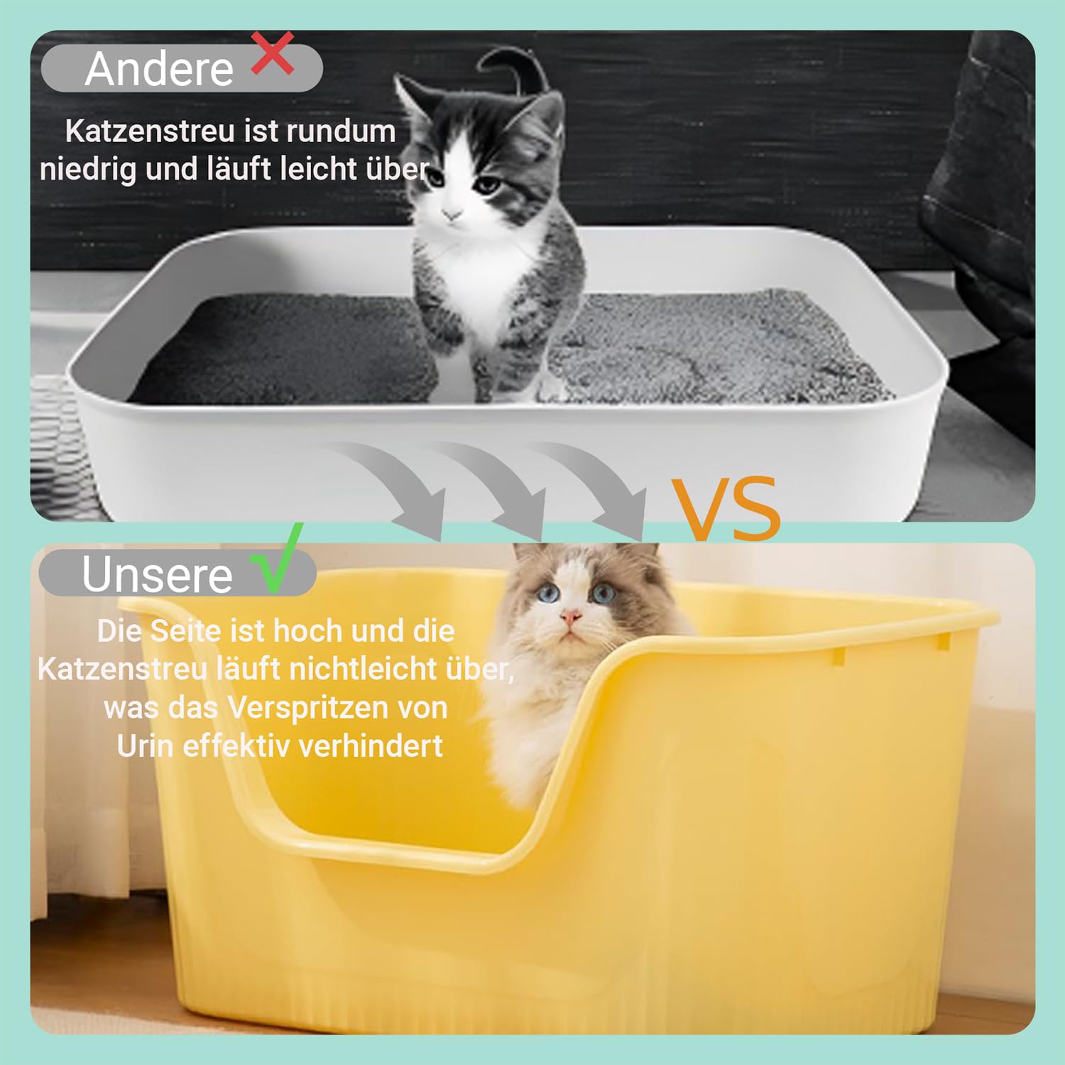 Katzenklo Groß 64x45x33cm, Katzenklo Hoher Rand Ohne Deckel, Katzentoiletten Offen, Spritzwassergeschützt Groß Katzen Klo, Katzentoilette XXL für Große Katzen, Kätzchen, Kaninchen