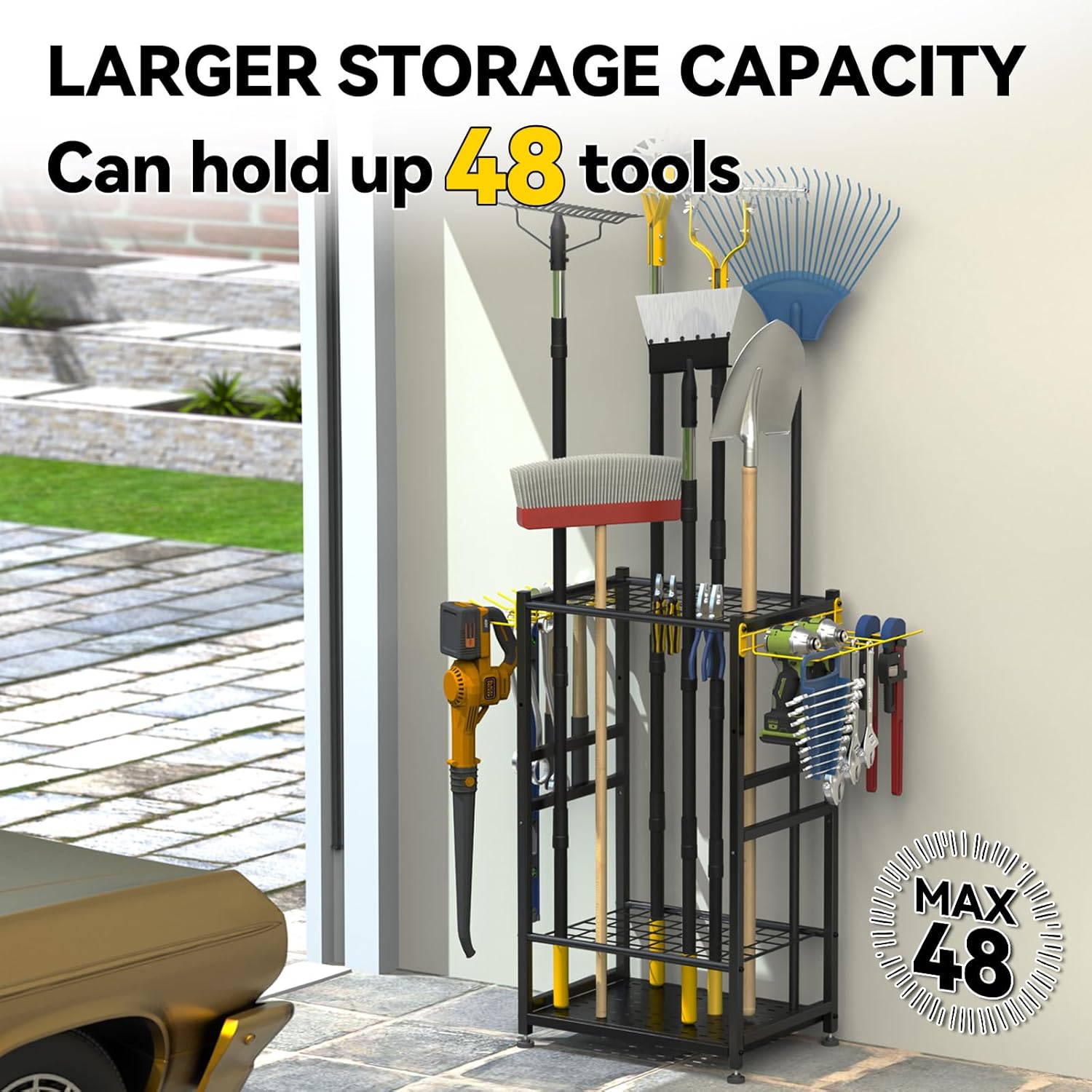 Garden Tool Organizer, Up 48 Long Handle Tool, Garage Storage and Organization with Side Hook for Broom/Rake/Shovel/T-Handle Tool, Heavy Duty Steel Outdoor Tool Rack,Yard Tool Stand for Shed