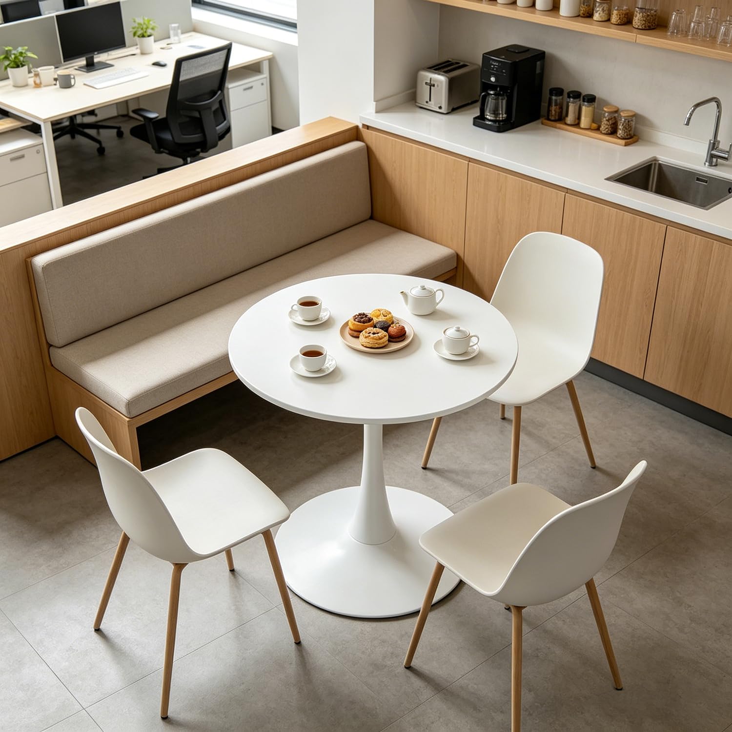 Konferenztisch, rund, weiß, minimalistisch, aus Verbundholz und Metall, bietet Platz für 2 bis 4 Personen für Meetings in kleinen Gruppen und Projektgespräche im Büro