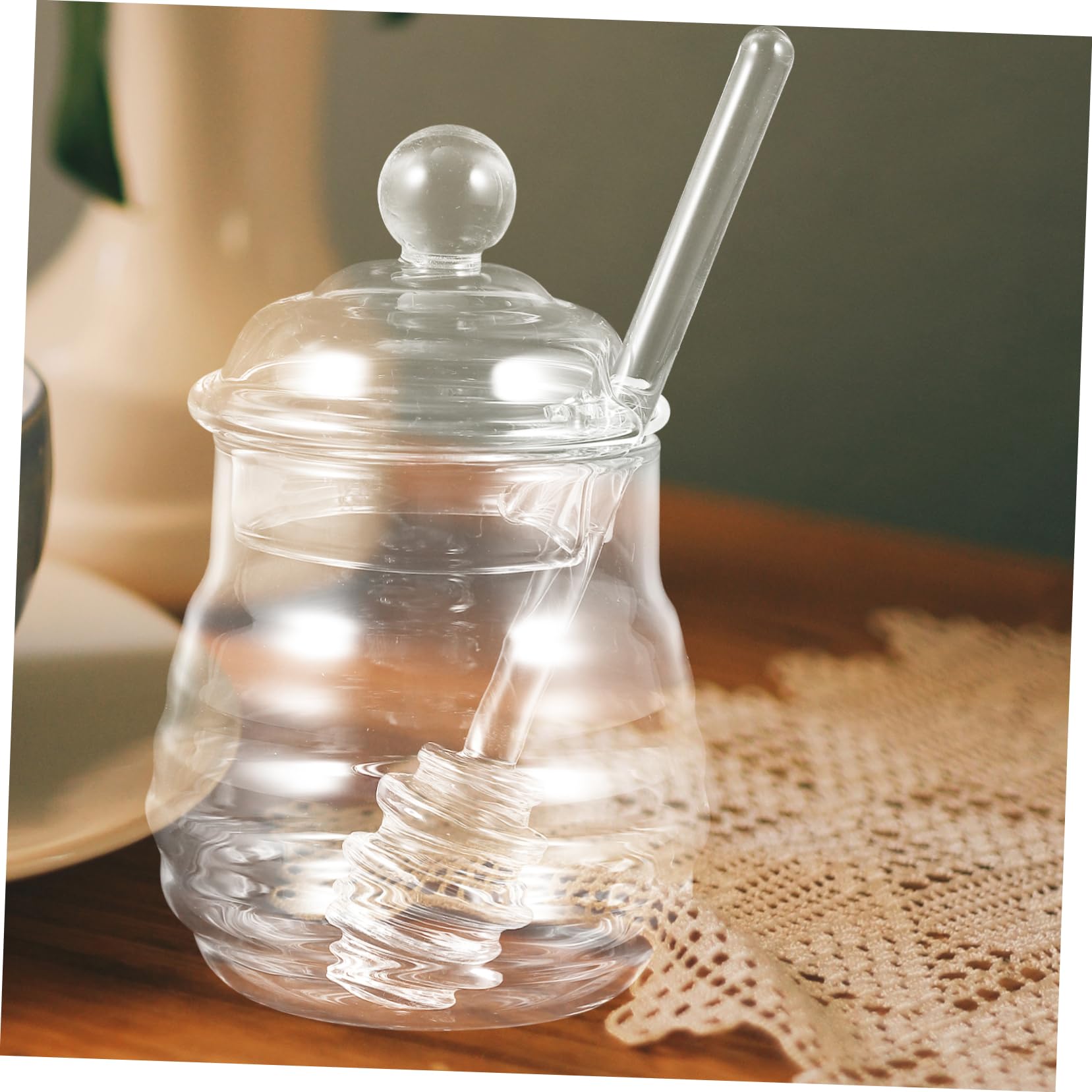 BRIGHTFUFU Clear Honey Pot Set with Dipper and Lid Spiral Design Glass Jar for Home Kitchen Use Premium High Borosilicate Glass for Storing Bee Honey
