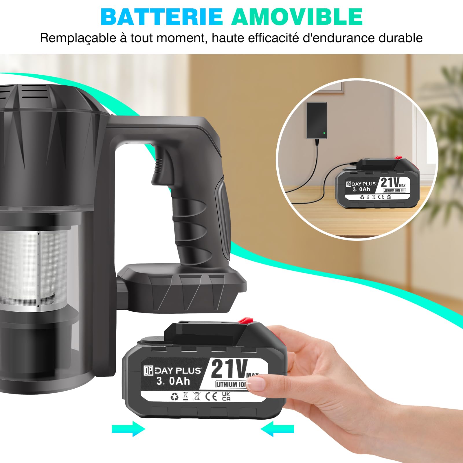 3 en 1 Aspirateur Balai sans Fil, 65 Minutes Autonomie Aspirateur sans Fil Puissant 15000Pa, Aspirateur 2 Vitesses, Aspirateur Vertical Filtre HEPA pour Les Poils d'animaux/Tapis/Sols Durs, 140W