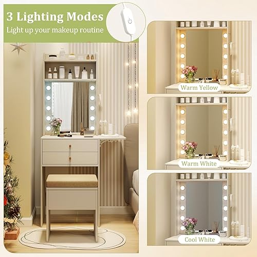 Miniatura 5 de CHARMAID Escritorio pequeño de tocador con espejo y luces, mesa de tocador de maquillaje blanca con banco de almacenamiento, cajones, estantes, mesa