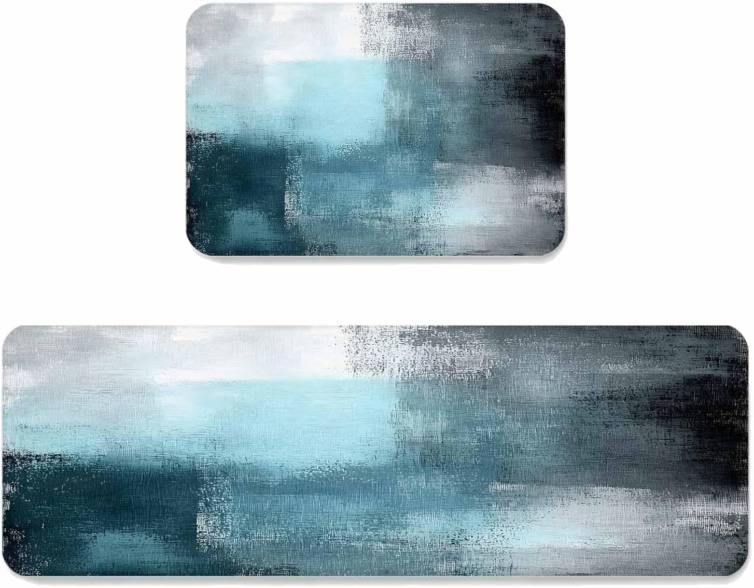Prime Leader Teal Blue Color Block Kitchen Mat Set 2 Pieces Abstract Shabby Modern Art Non Slip Kitchen Rugs Washable Runner Rug Mats for Sink Laundry (19.7" x 31.5"+19.7" x 47.2")