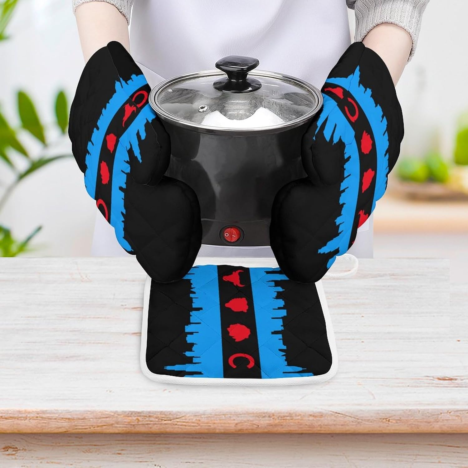 Chicago Flag Skyline Sports Painting Print Oven Mitts and Pot Holders 3 Piece Sets Heat Resistant Gloves Hot Pads Potholders for Kitchen Baking Cooking