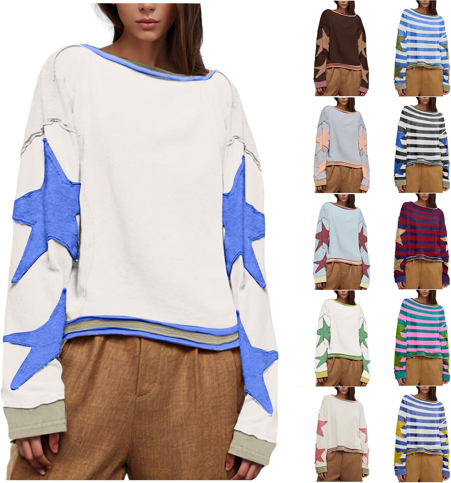 Ladies Tops Sweatshirts For Women UK Women Crew Neck Tops Vintage Star Graphic Plus Size Clothing For Women Y2k Striped Long Sleeve Tops Women Drop Shoulder Pullovers Warehouse Clearance Sweatshirts