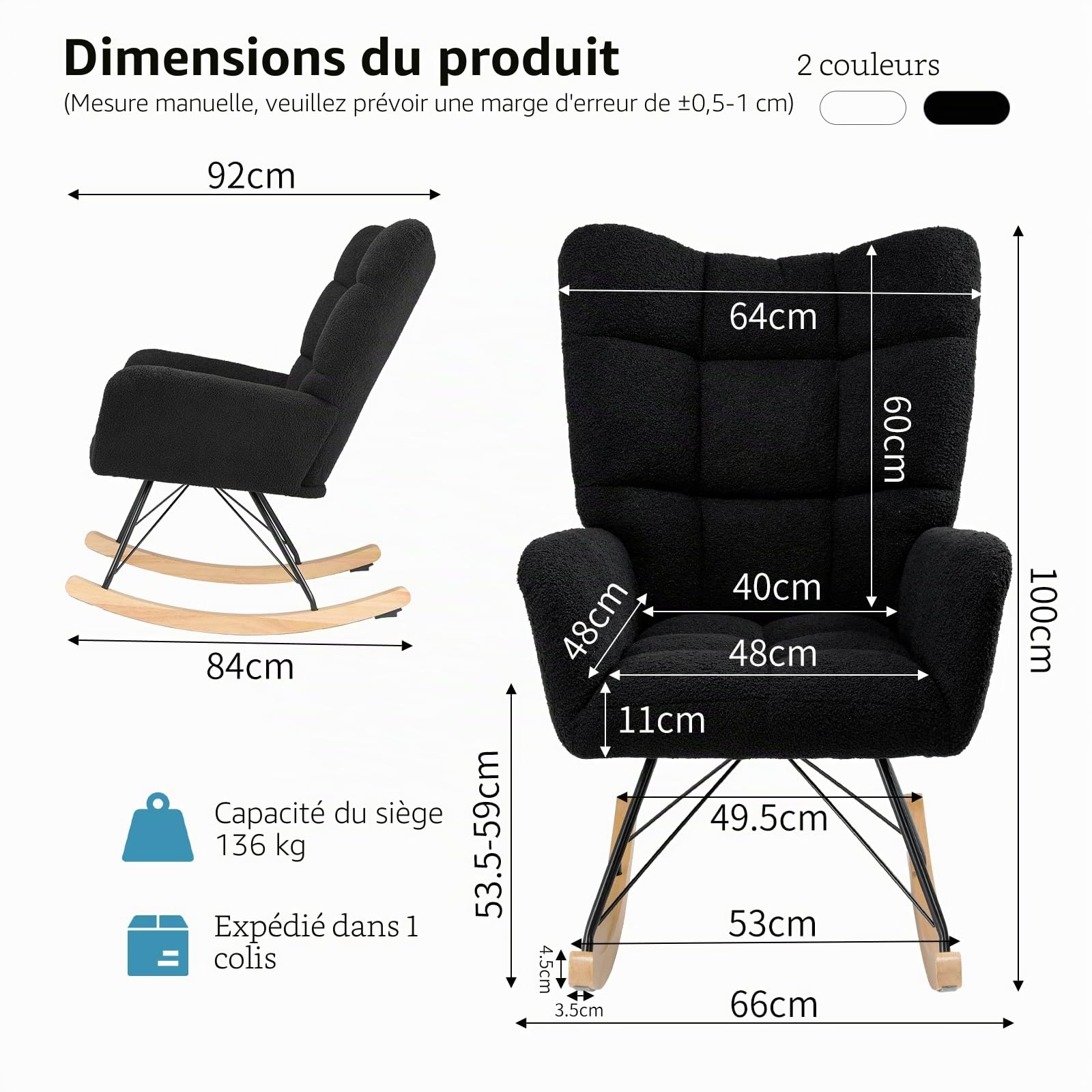 Clevich Fauteuil à Bascule Allaitement Scandinave, Rocking Chair Confortable avec Velours Teddy, Pieds en Bois et Métal, pour Salon, Chambre d'enfants, Chambre, Jusqu'à 136kg, Noir