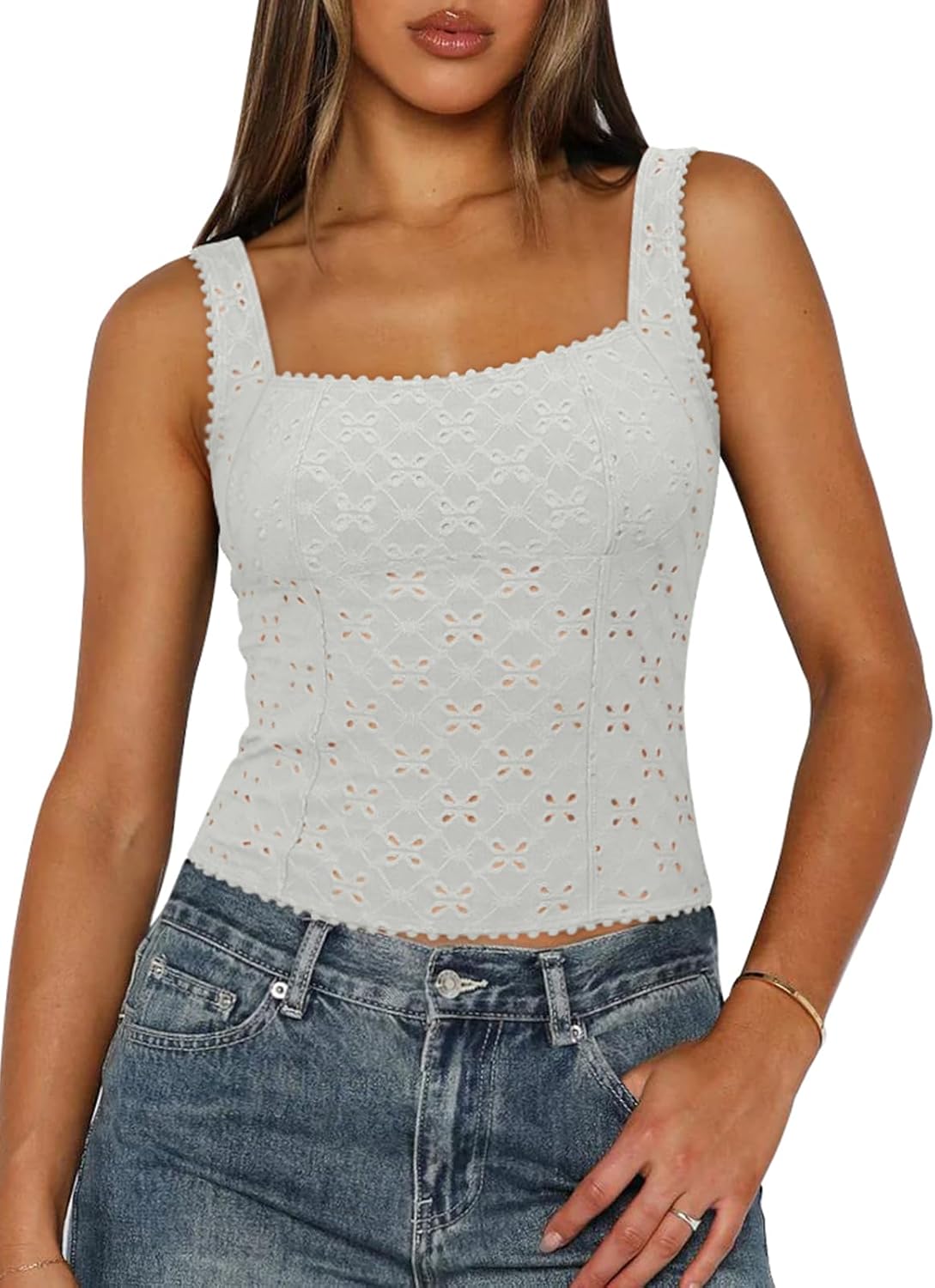 Women's Sexy Square Neck Eyelet Hollow Out Sleeveless Back Cutout Y2K Going Out Dou...