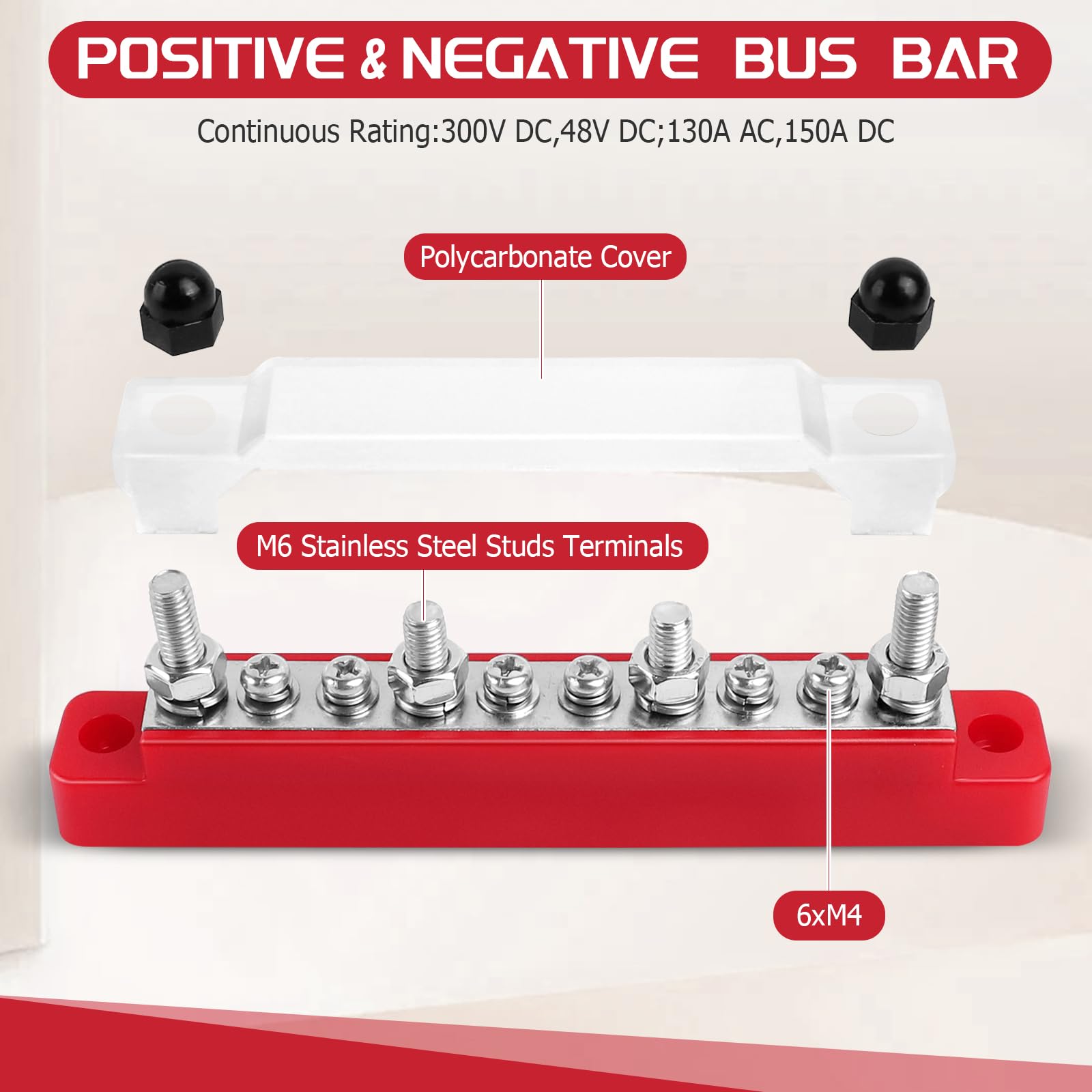 Bloc de Distribution D'alimentation 12V-48V DC Barres de Distribution D'énergie BusBar 150A avec 6 x M4 & 4 x M6 Boulons de Borne, Bloc de Connexion de Batterie pour Voitures, Camping-Cars, navires