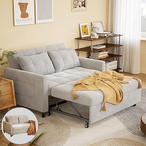 Gizoon 3 in 1 Convertible Sleeper Sofa Bed, 45" Futon Couches with Side Pocket and Adjustable Backrest, Linen Fabric Pull Out Couch | Loveseat |Sectional Sofa Bed, Full Size (Light Grey)