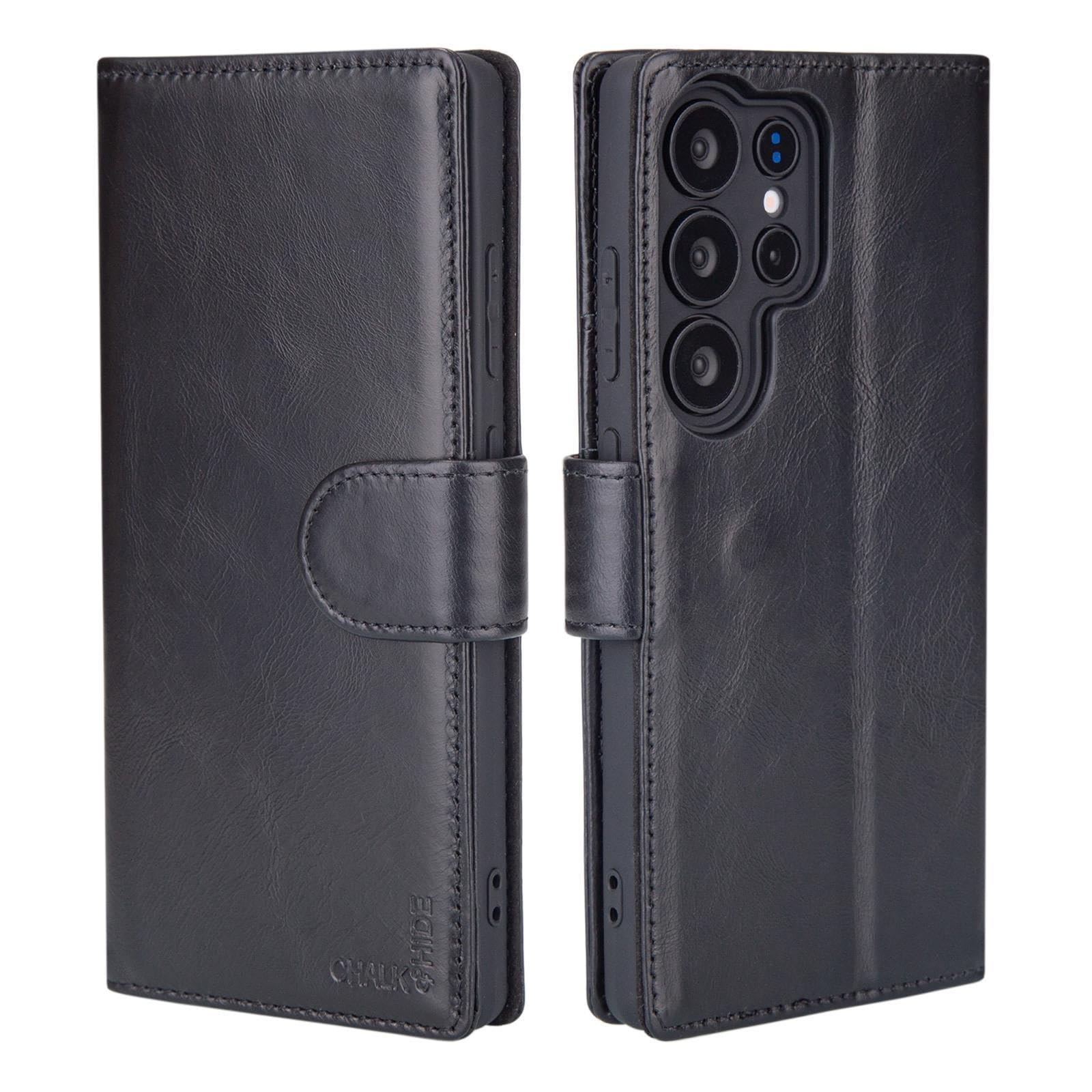 Samsung Galaxy S26 Ultra Genuine Leather Wallet Case, Cover with RFID Blocking Card Slot, Magnetic Closure and Stand Function - Black