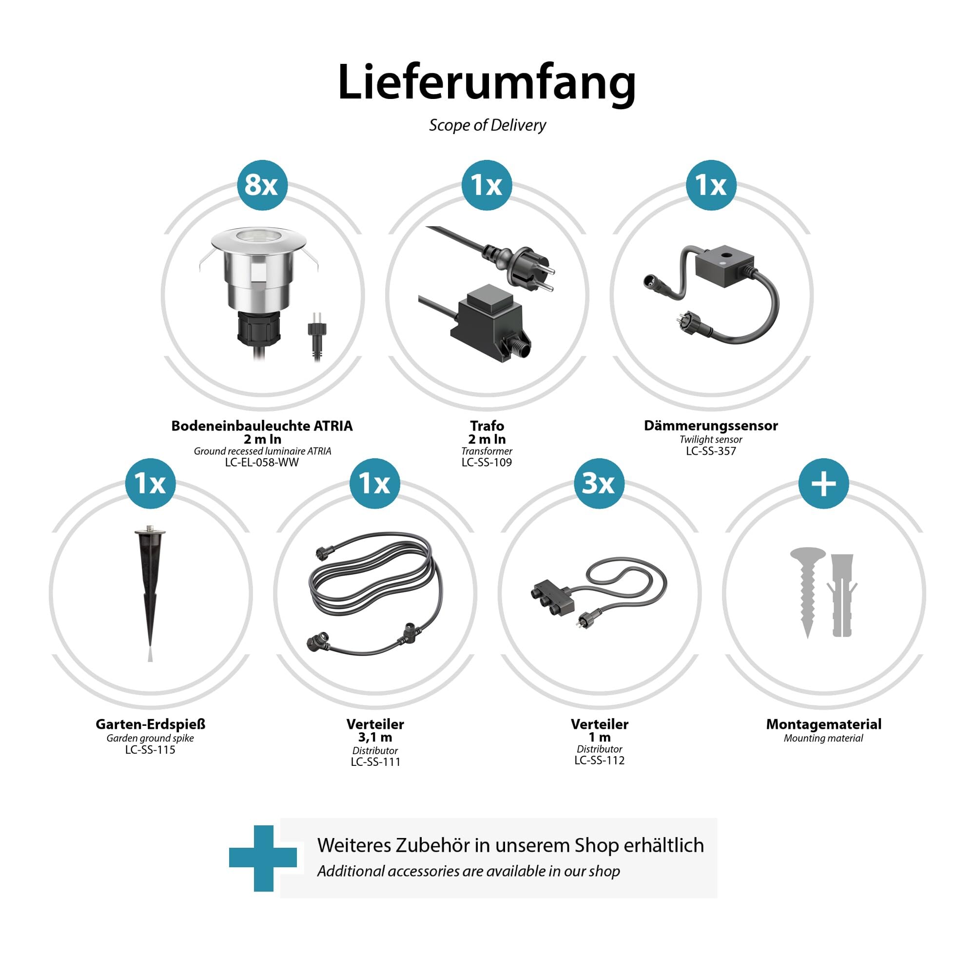ledscom.de Lampada da incasso a pavimento LED Atria con sensore crepuscolare per esterni alluminio bianco caldo, 14lm ciascuno, IP65, Ø 40mm set di 8