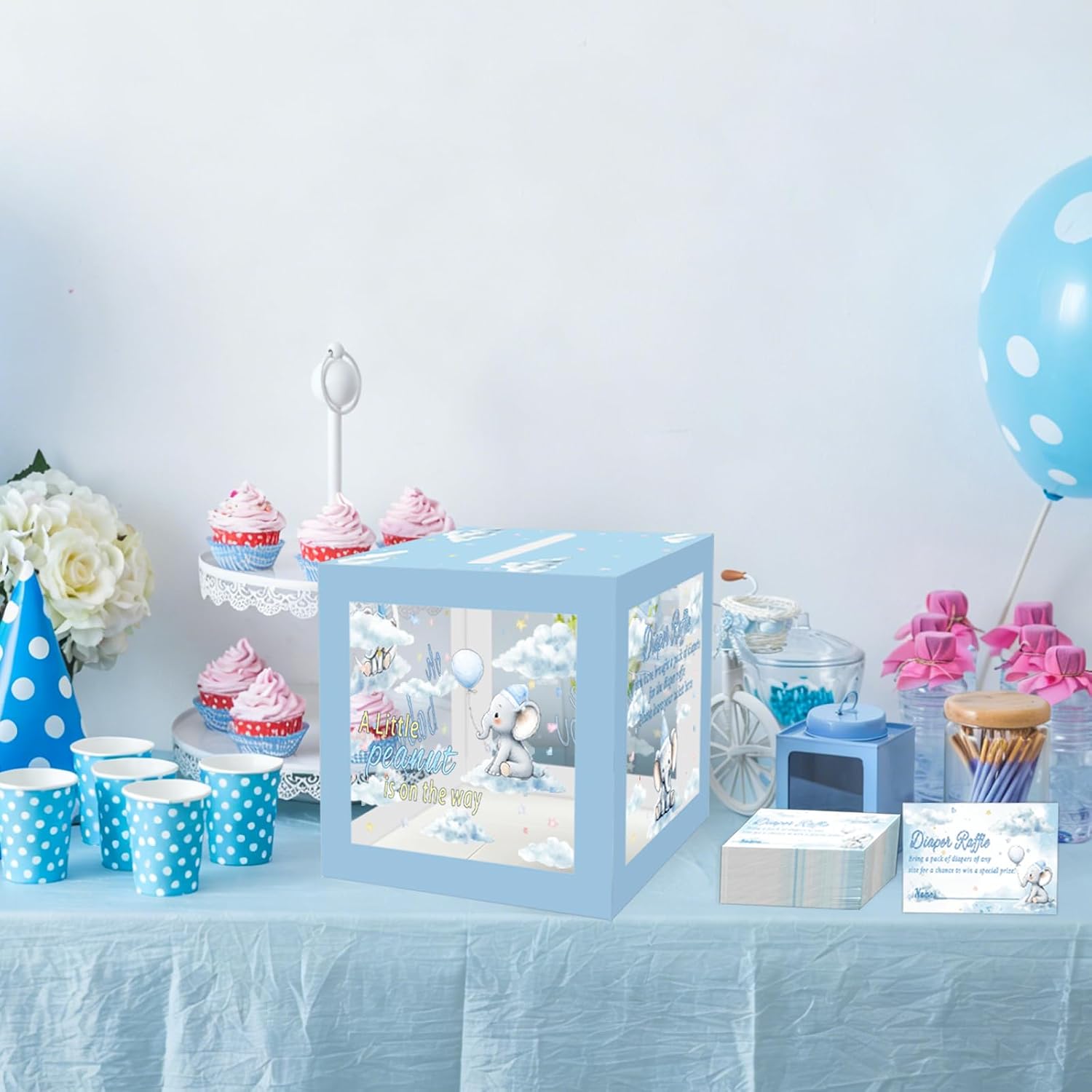 51 Pcs Baby Shower Diaper Raffle Box And Tickets, Blue Elephant Baby Shower Decorations, Gender Reveal Party Diaper Raffle Tickets