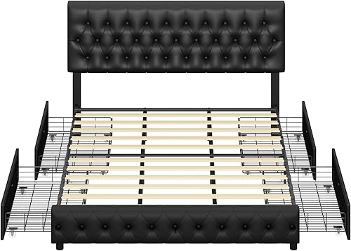 Miniatura 8 de Base de cama Queen con 4 cajones de almacenamiento y cabecera ajustable, cama tapizada de piel sintética con diseño capitoné, soporte de listones de