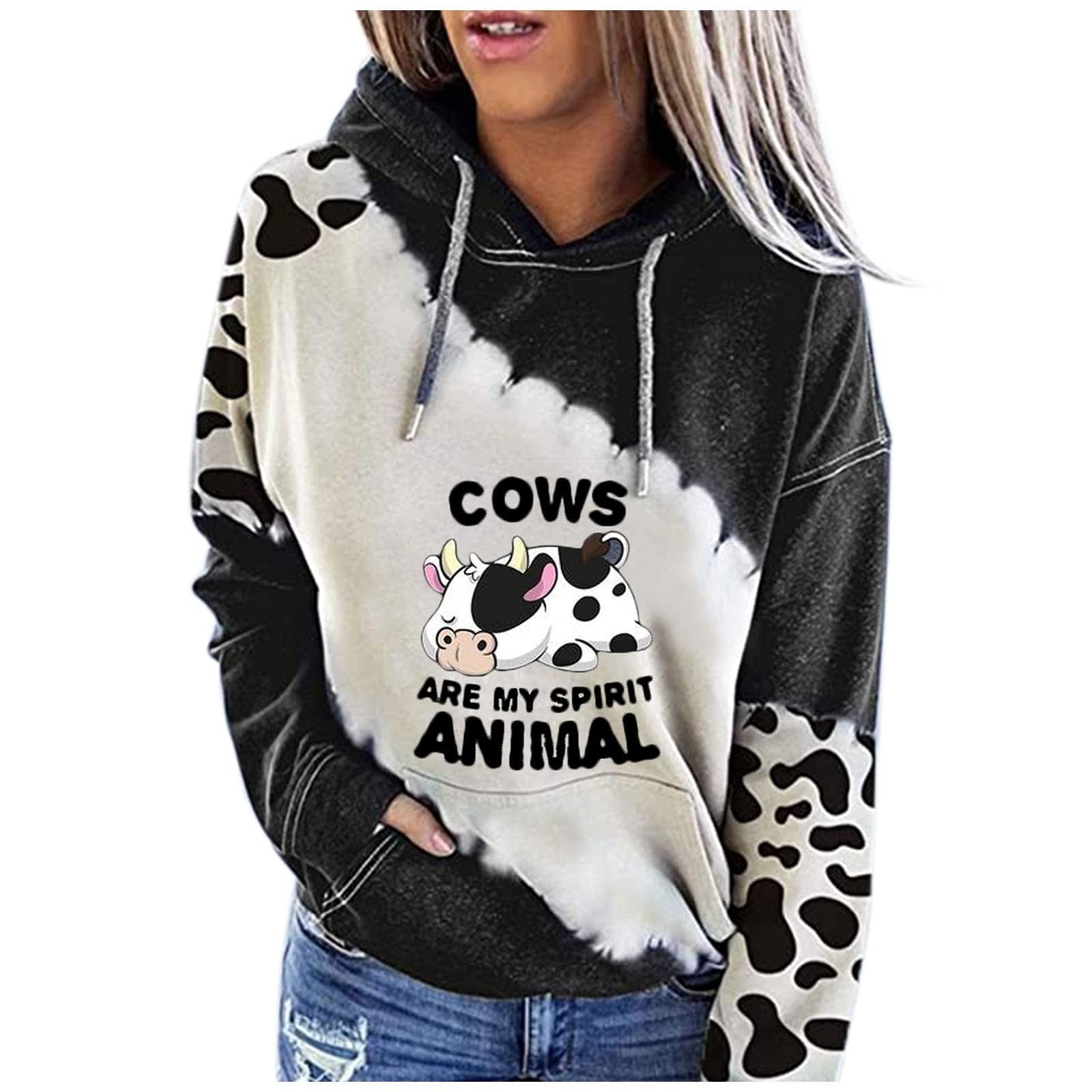 kevazingoWomen's Cute Hoodie Cow Print Plus Size Hoodie for Women Pullover Top Long Sleeve Sweatshirts with Pockets