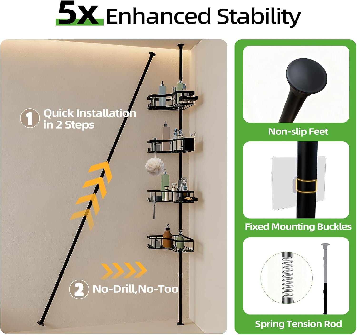 Corner Shower Caddy Tension Pole, 4 Tier Rust-Resistant Adjustable Bathroom Organizer Shelves, Bathtub Storage Rack with Soap Holder, No-Drill Install, Floor to Ceiling Rod 47-121 Inch, Black
