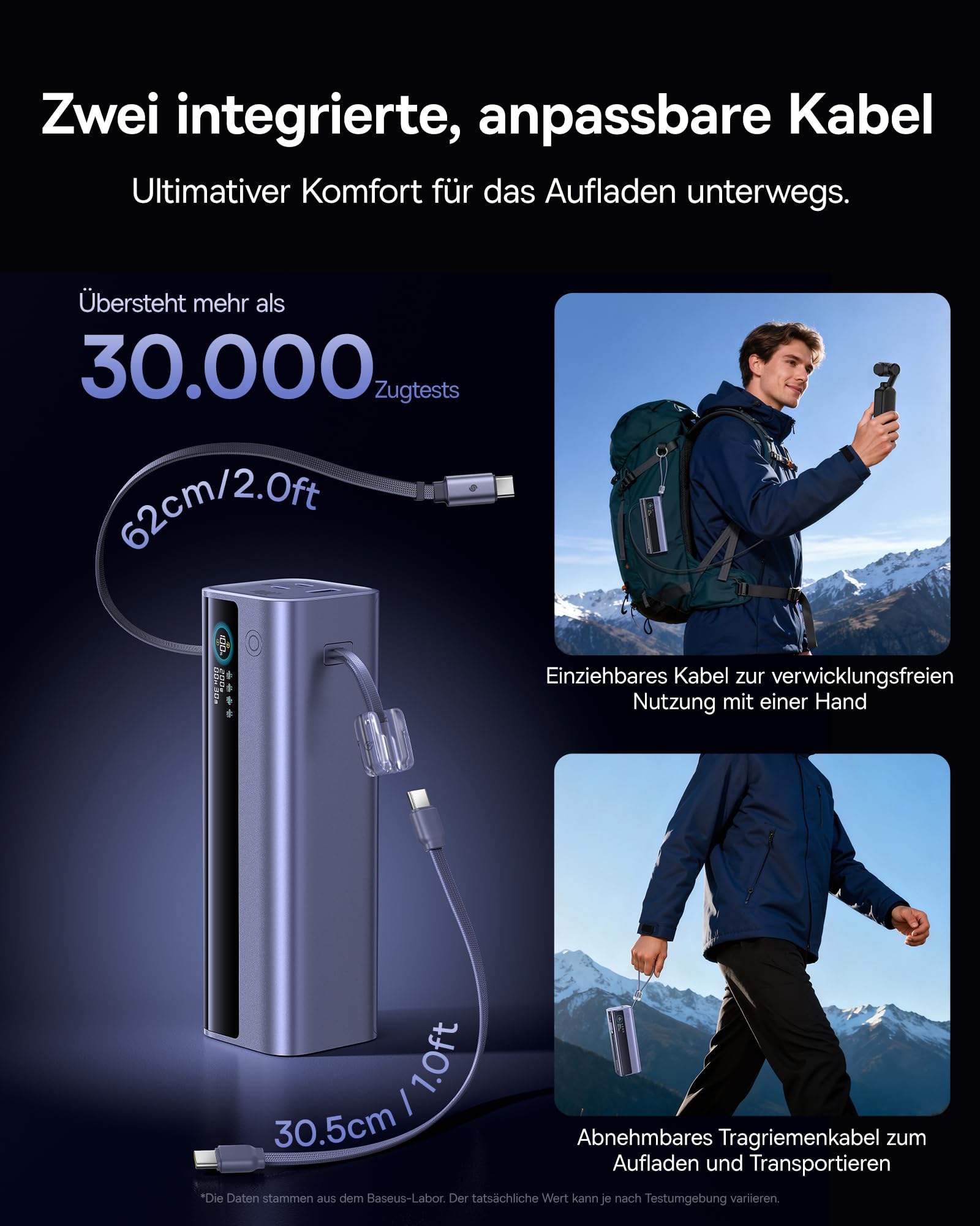 Baseus EnerGeek GR11 Powerbank Laptop 25000mAh, 200W Schnellladen, Power Bank mit 62cm Retractable USB C Kabel, Externe Handyakkus für MacBook Pro, Dell, HP, Samsung Galaxy S26/S25 Ultra, iPhone