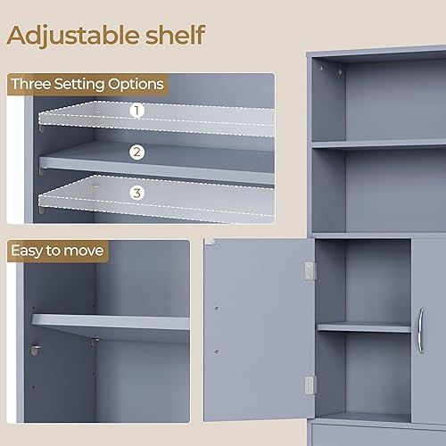 Miniatura 7 de Yaheetech Over The Toilet Storage, Taller Bathroom Organizer Space-Saving Storage Cabinet with Adjustable Shelves and Double Doors, 77 in H, Grey