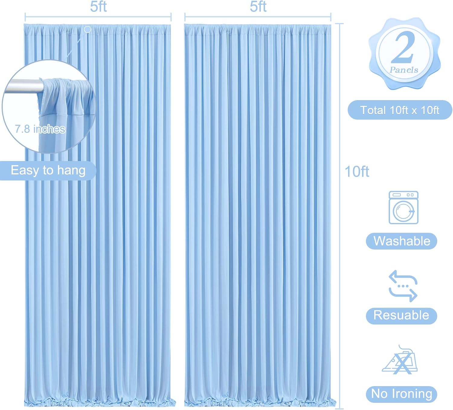10 x 10ft Baby Blue Polyester Backdrop Curtains with Lights String for Baby Shower, Wedding, Anniversary & More - 2 Pack (5 x 10ft Each) with 9.8ft USB Powered Curtain Lights & 12 Clips
