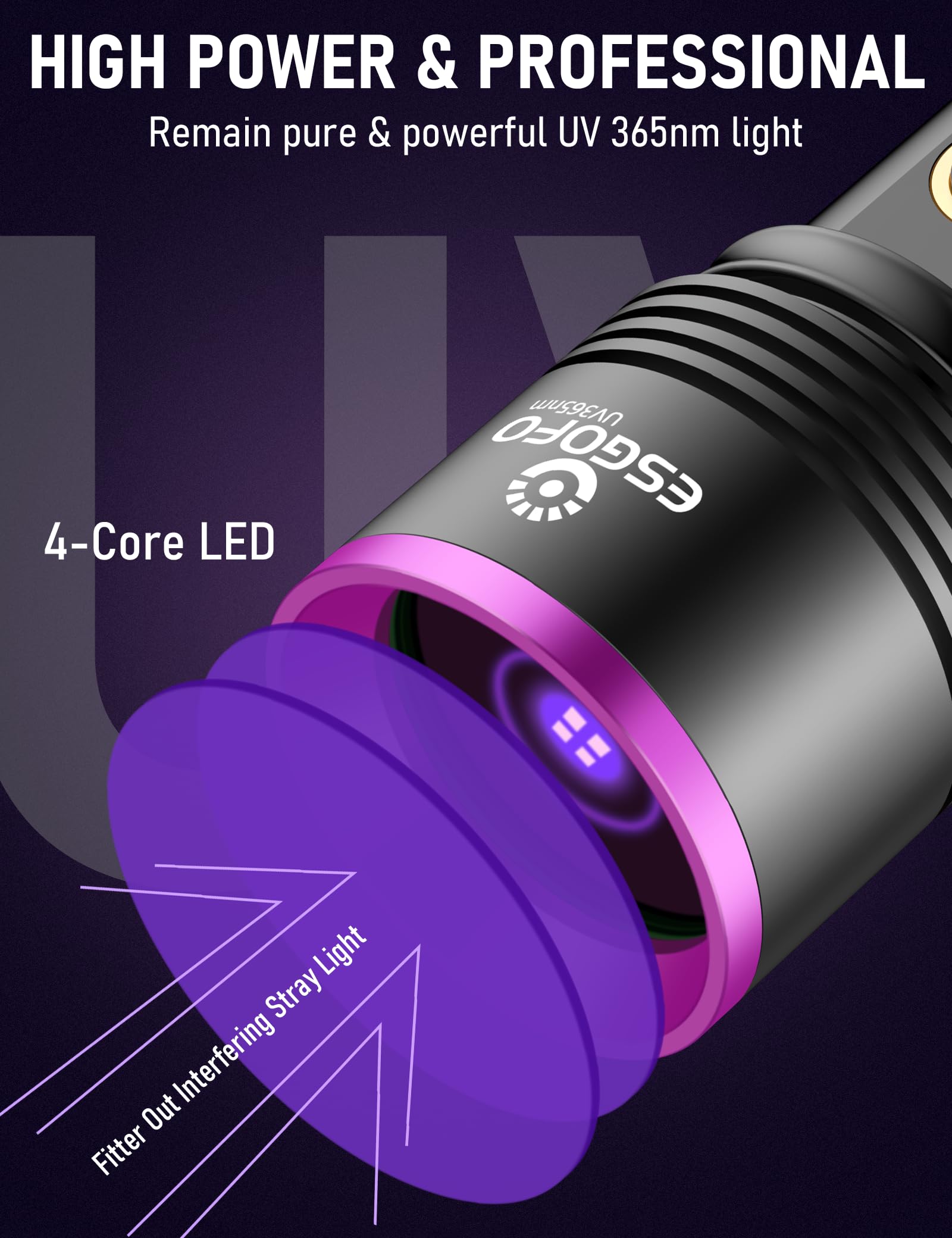 Uv Power Ultraviolet Flashlight UV Flashlight 365nm Powerful, Large 4-Core High ...