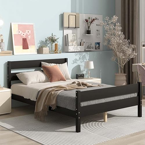TMEOSK Cama de plataforma de madera con cabecera y estrio soporte de listones de madera resistente no requiere somier montaje simple para niños