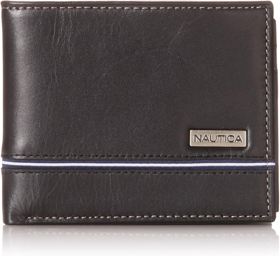 Nautica Men's Leather Passcase Wallet with Large Bill Compartment and ID Window