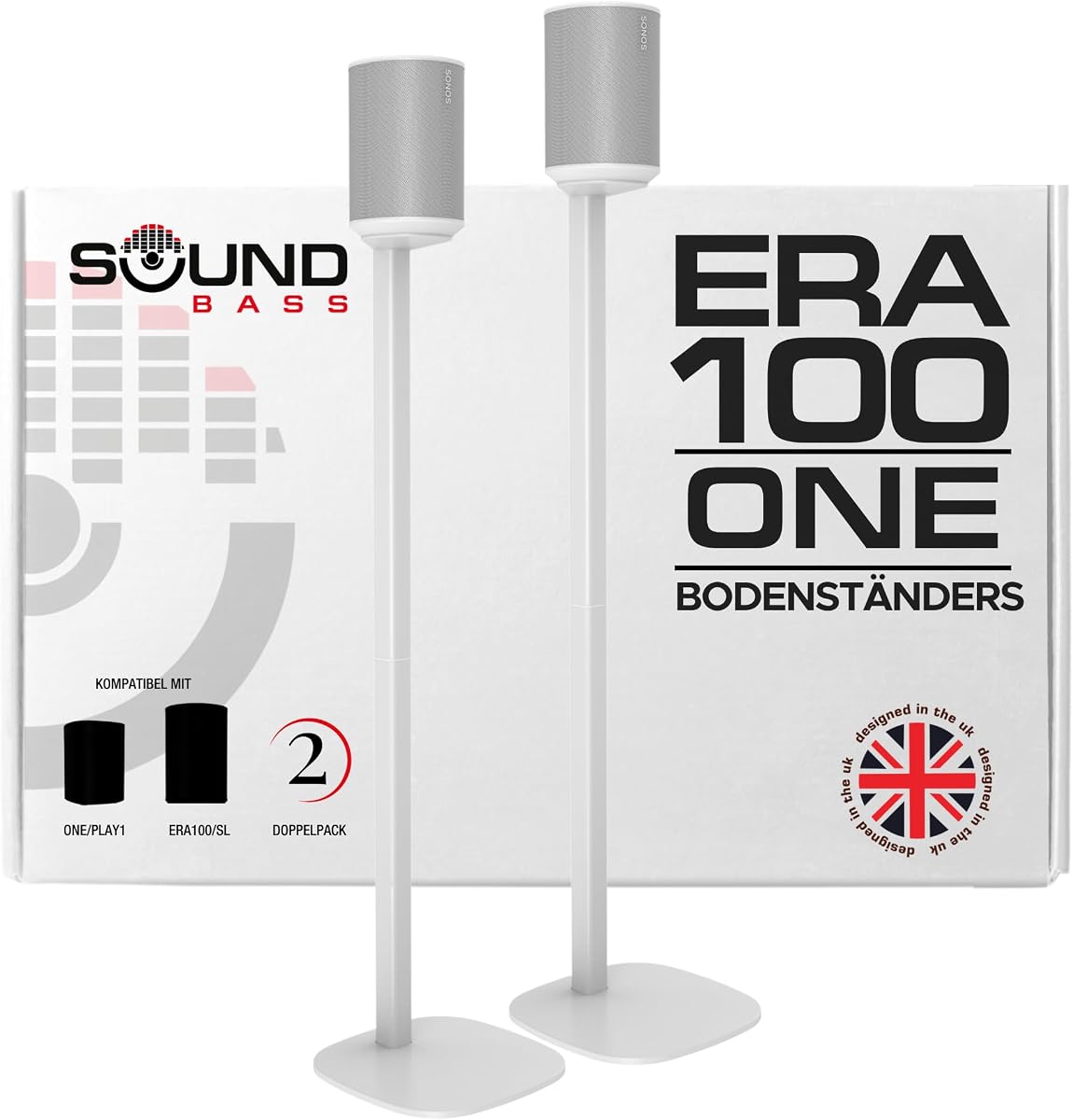 Sound Bass ERA 100 Bodenständer, Doppelpack (2 Stück), Kompatibel mit Sonos ERA100 & ERA 100 SL, Sonos ONE & Play:1 Lautsprecher, Zubehör Enthalten, Entworfen in Großbritannien, Doppel, Paar (Weiß)