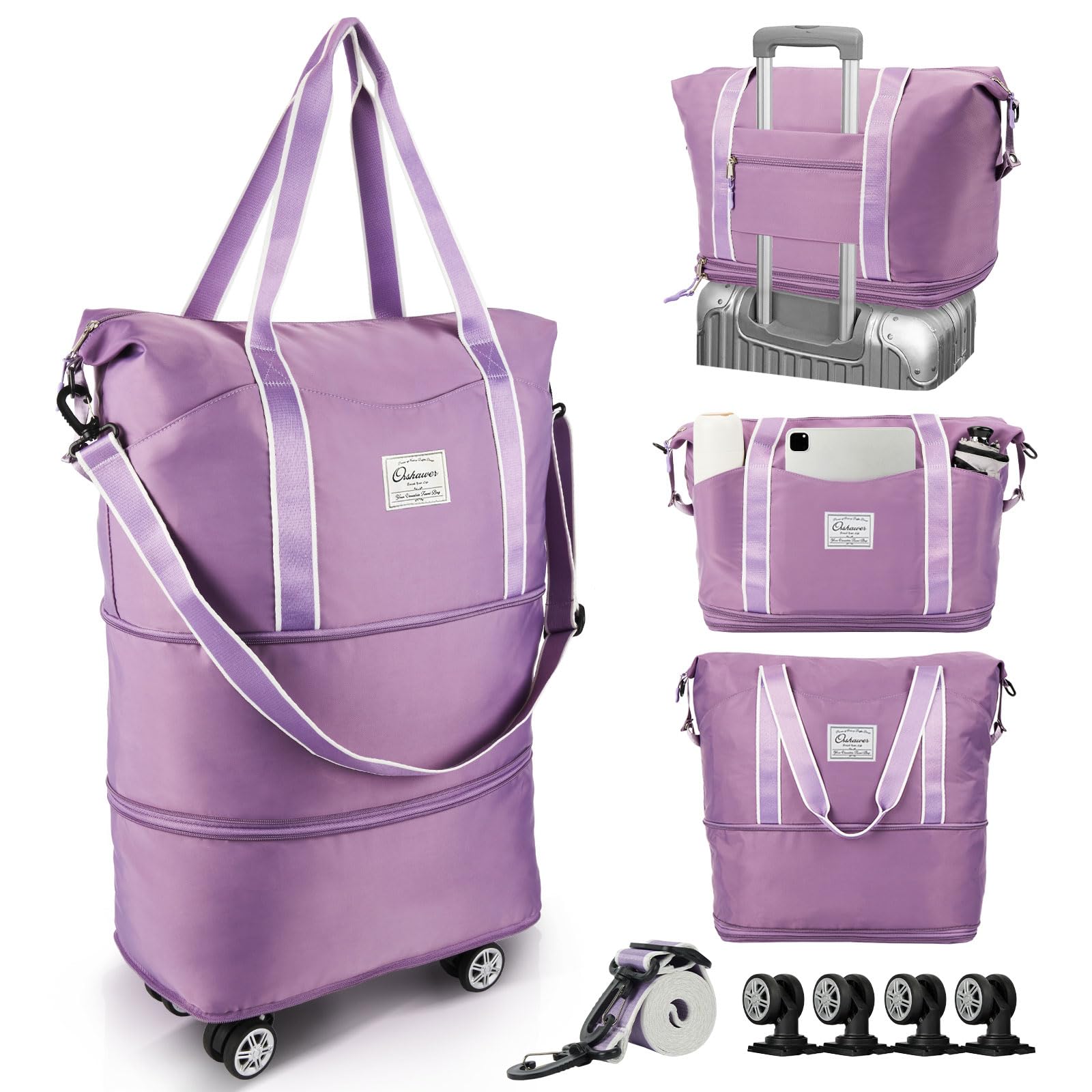 Orshawer25L-55L Expandable Foldable Duffle Bag, Rolling Duffle Bag with Detachable Wheels and Adjustable Shoulder Strap