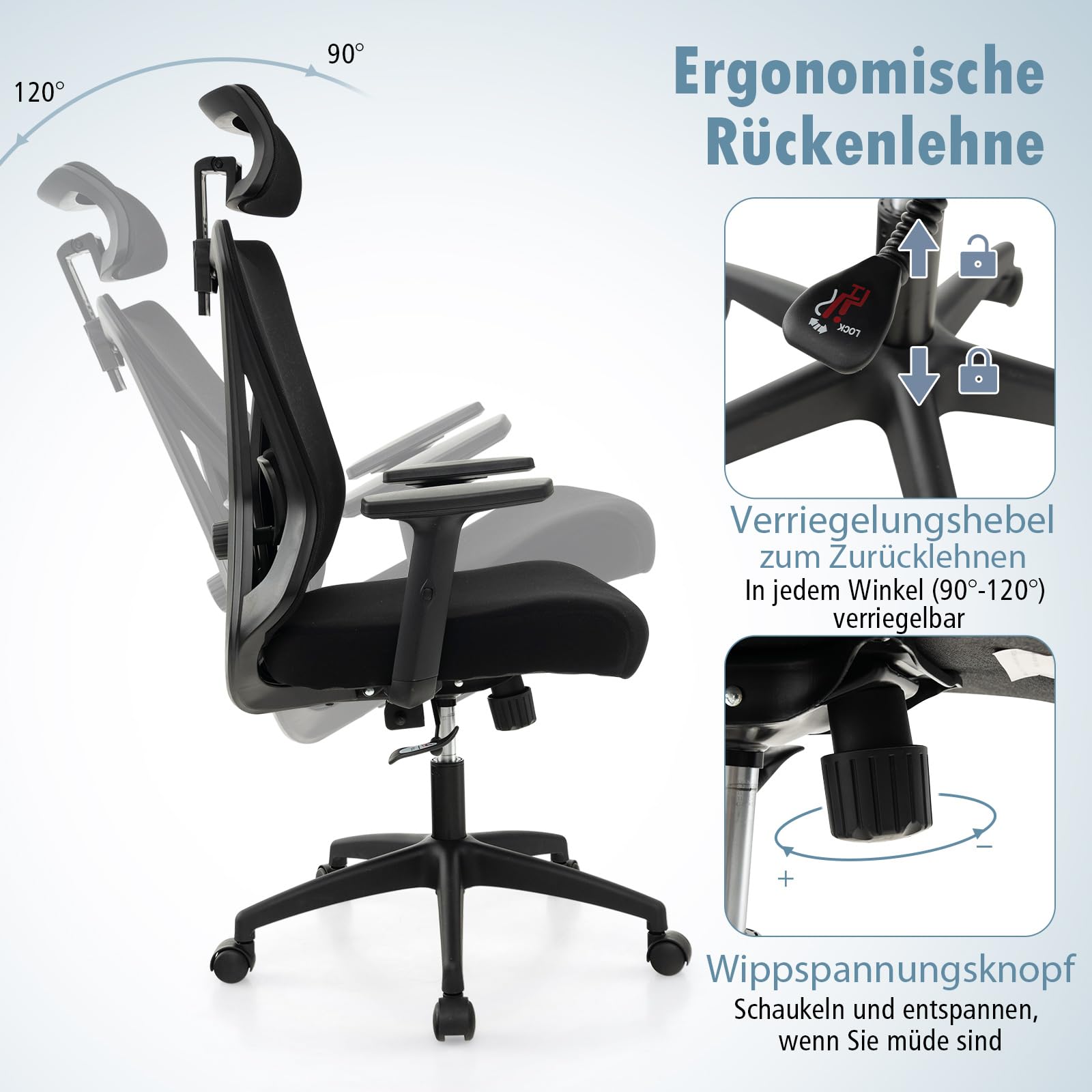 COSTWAY Ergonomiczne krzesło biurowe, krzesło do biurka z regulowanym podparciem lędźwiowym, zagłówkiem, podłokietnikiem i oparciem, krzesło komputerowe z funkcją przechylania, krzesło obrotowe,