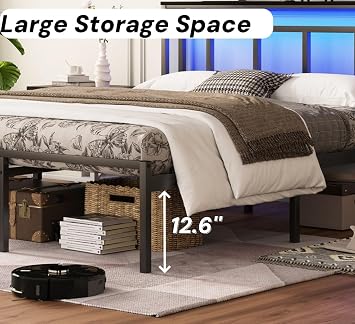 Queen Size Metal Bed Frame with Led Lights Headboard, Under Storage | Modern Platform Bed Frames, Charging Station, Mattress Foundation, No Box Spring Needed, Easy Assembly, for Bedroom