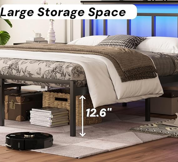 Queen Size Metal Bed Frame with Led Lights Headboard, Under Storage | Modern Platform Bed Frames, Charging Station, Mattress Foundation, No Box Spring Needed, Easy Assembly, for Bedroom