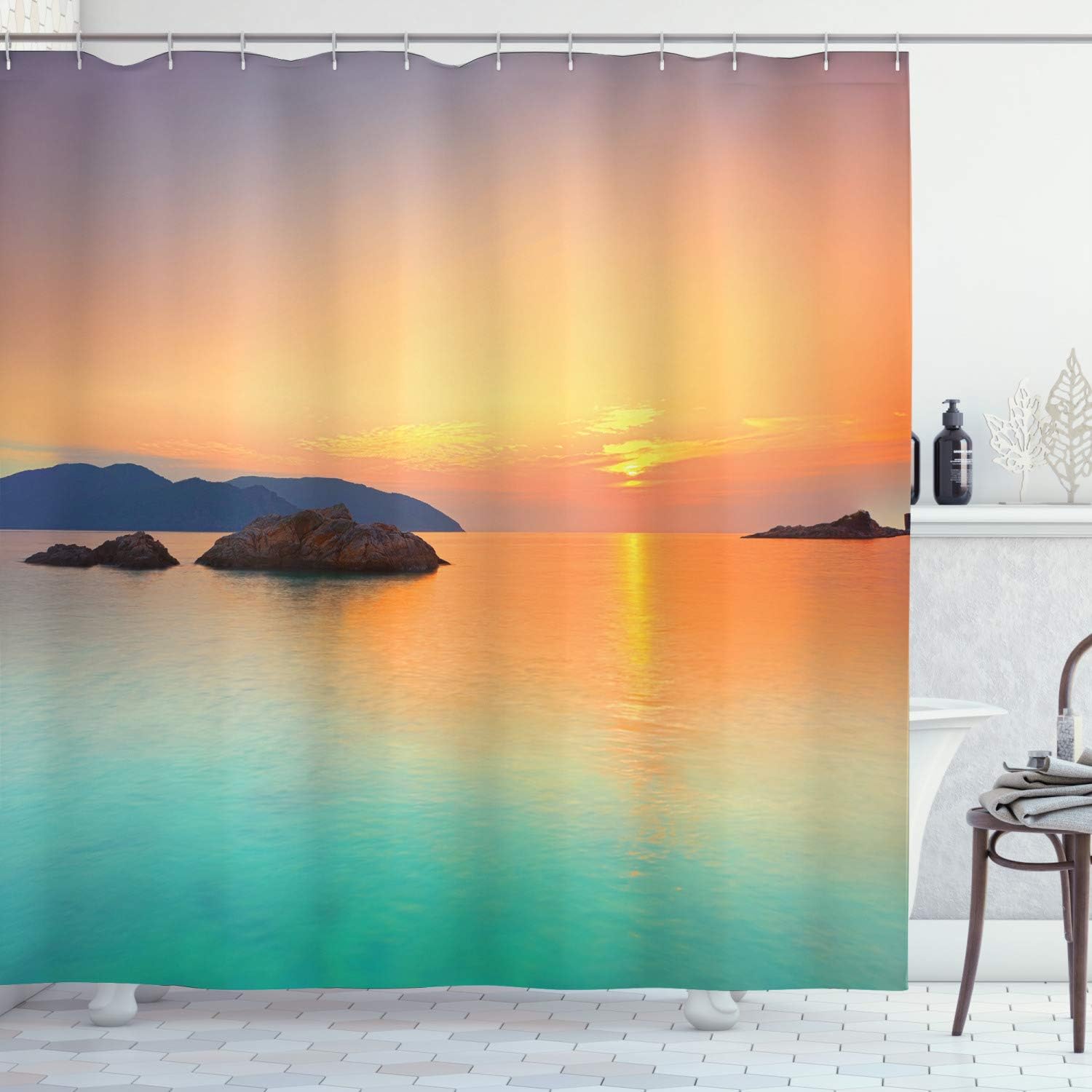 Ambesonne Beach Shower Curtain, Sunrise Over The Sea in Con Dao Vietnam Colorful Sky Horizon Skyline, Cloth Fabric Bathroom Decor Set with Hooks, 69" W x 75" L, Turquoise Orange