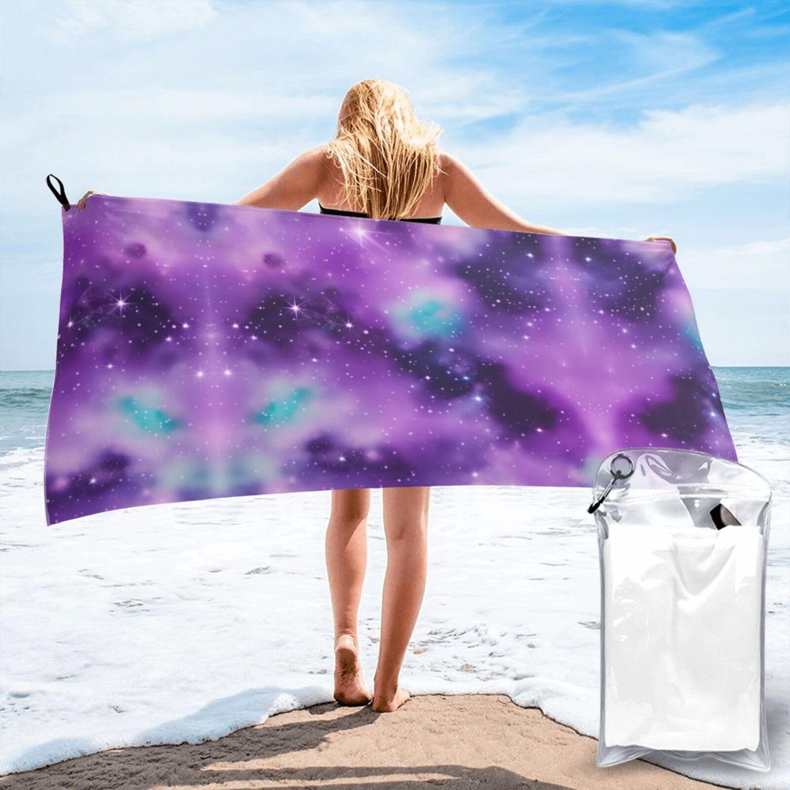 Toalla de baño de secado rápido y gran tamaño con estampado morado de galaxia