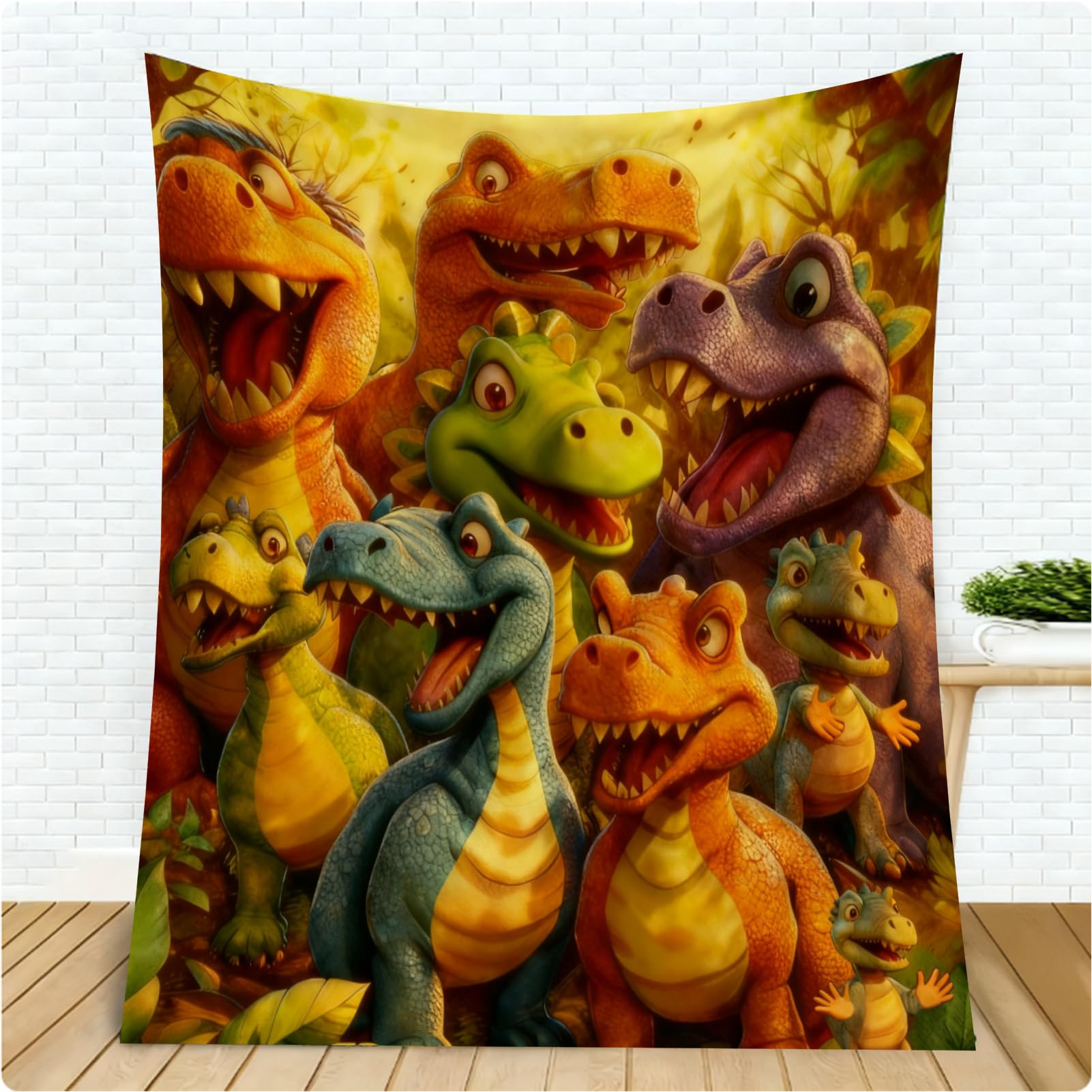 Kocyk flanelowy Uśmiechający się dinozaur HD, druk cyfrowy HD, 150 x 130 cm miękki koc flanelowy z nadrukiem zwierzęcym | na sofę, kącik do czytania, sypialni, biura, domu, podróży