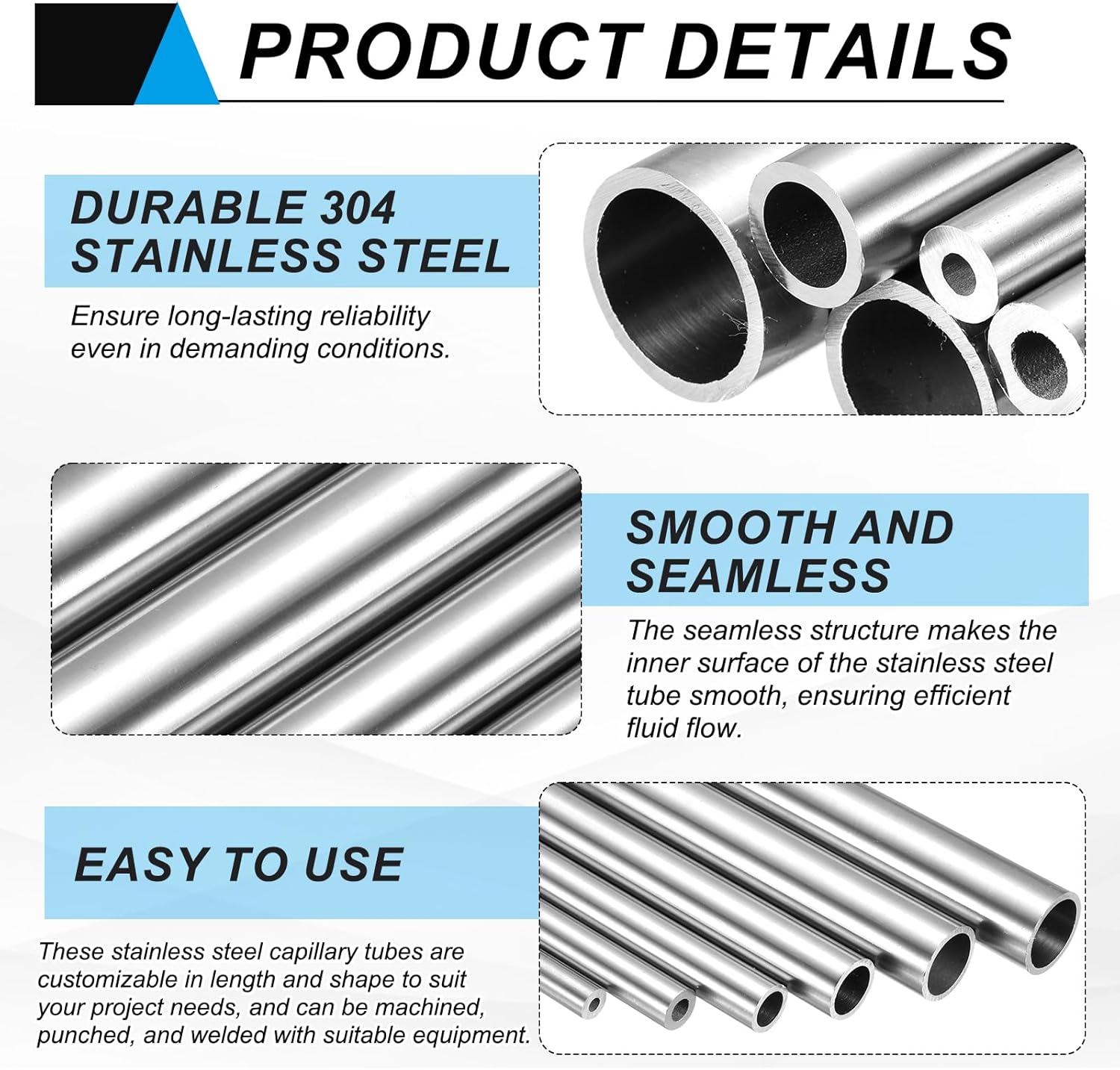 uxcell 304 Stainless Steel Tube, 3mm ID 7mm OD 305mm Length Round Seamless Straight Steel Metal Capillary Pipe Tubing for Industry DIY Projects